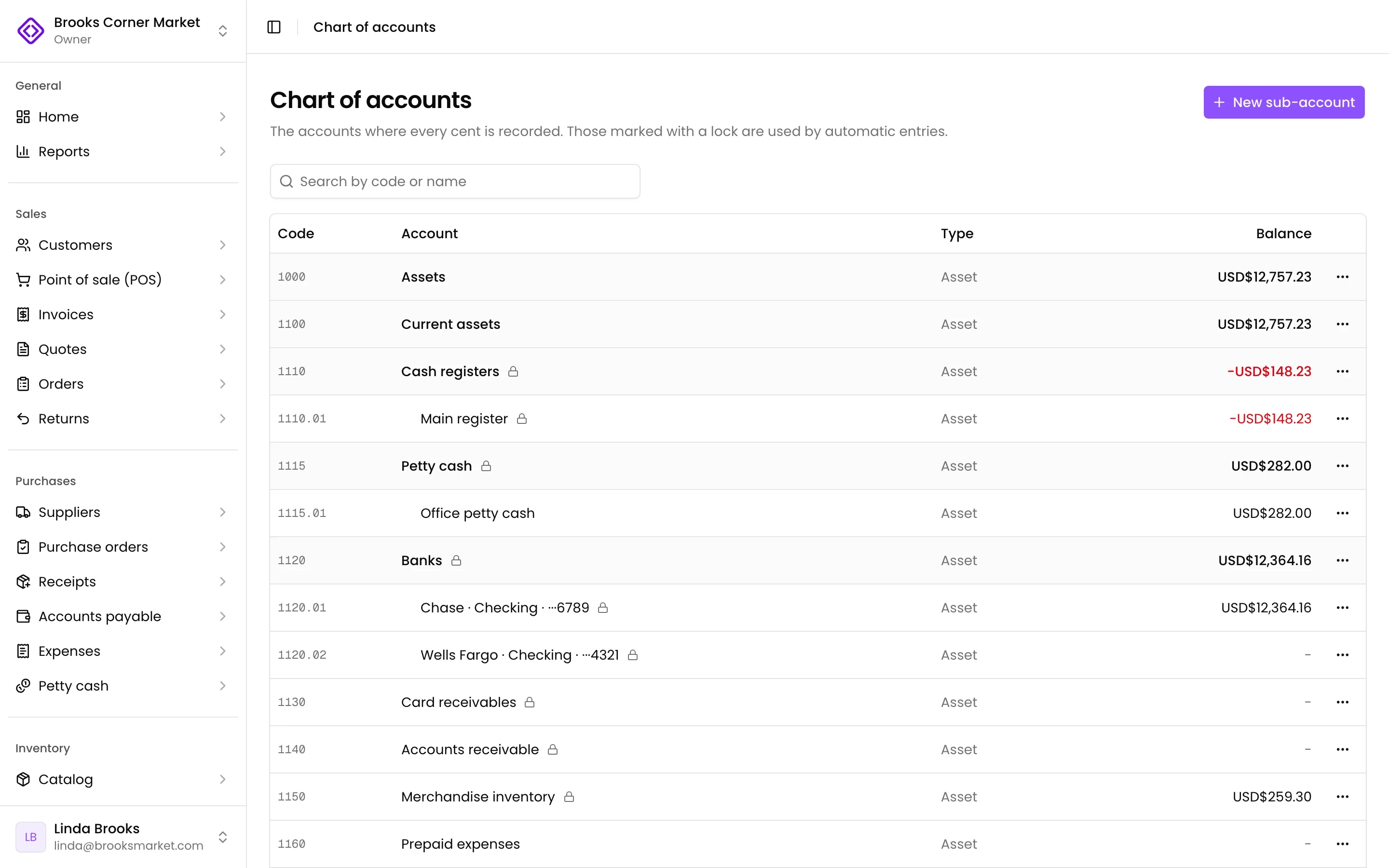 The chart of accounts as a tree with code, type and balance