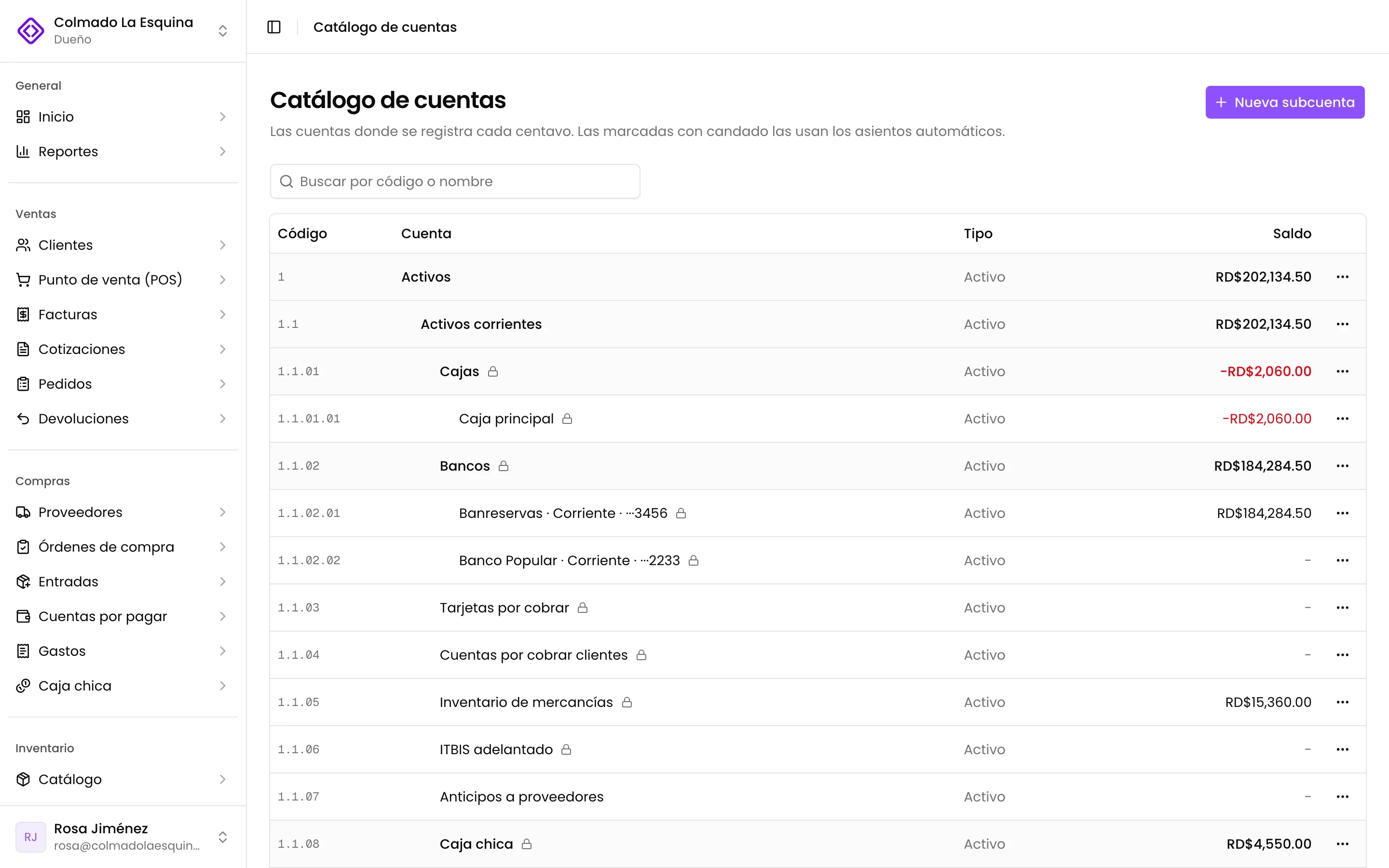 El catálogo de cuentas como un árbol con código, tipo y saldo