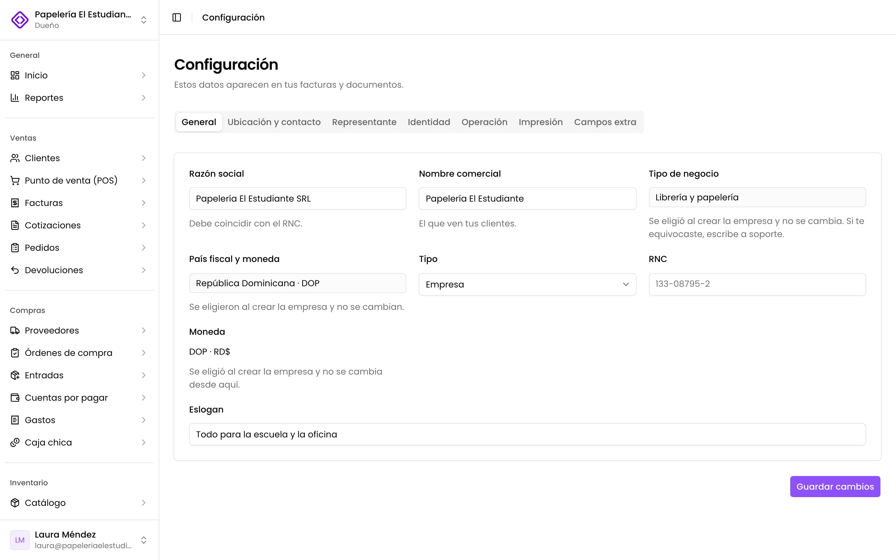 Configuración, pestaña General, con la razón social, el nombre comercial y el tipo de negocio