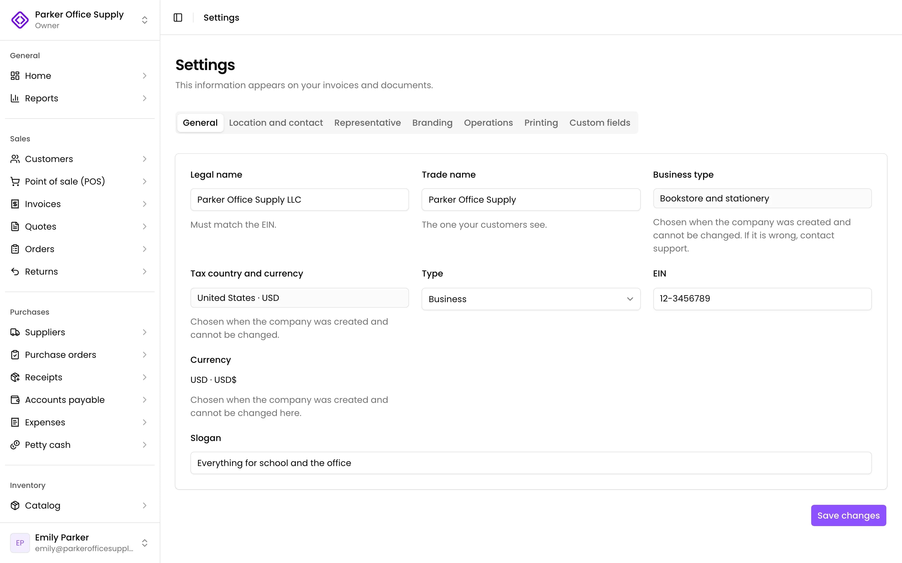Settings, General tab, with the legal name, the trade name and the business type