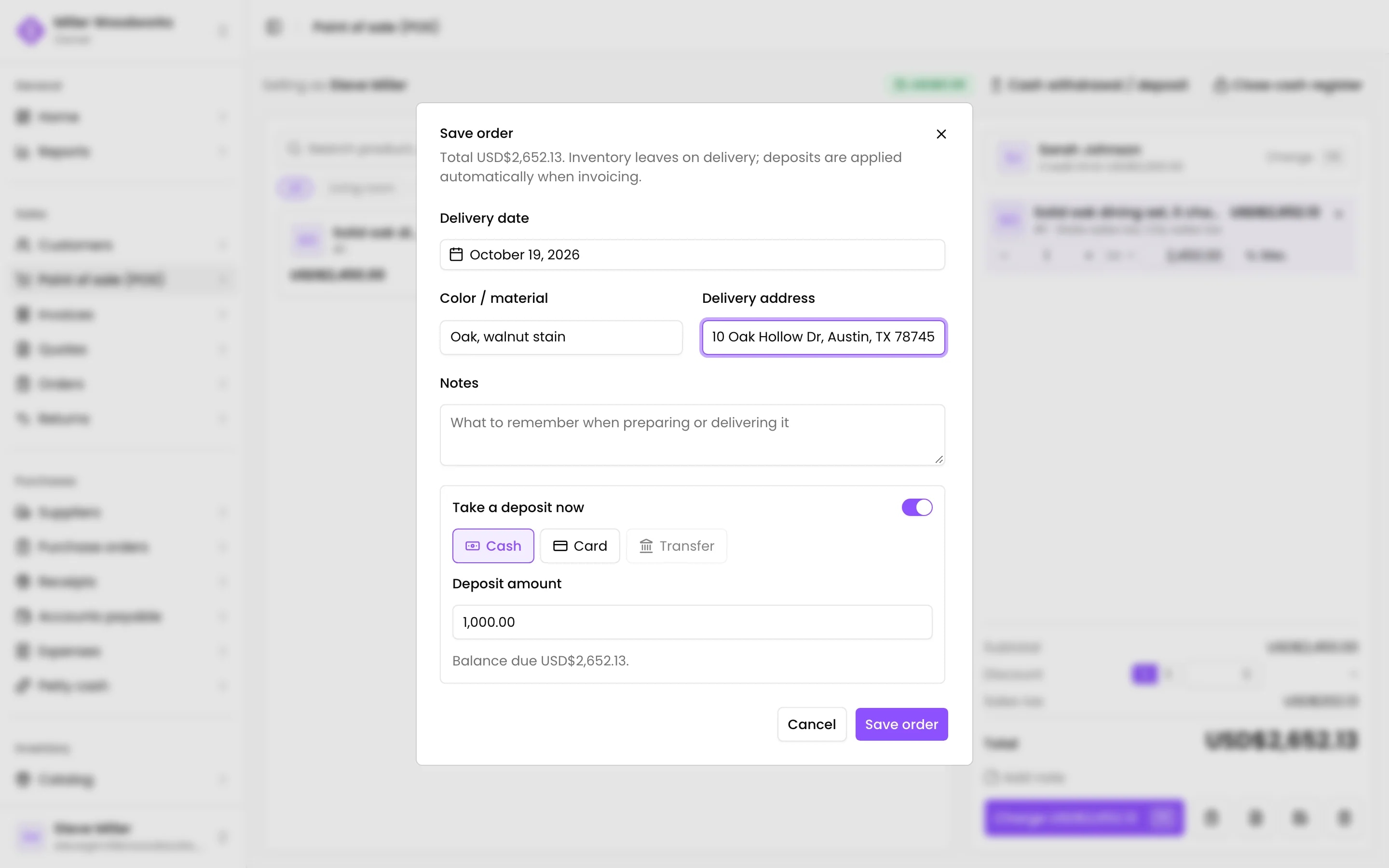 Saving the ticket as an order: the delivery date, the notes and the first deposit