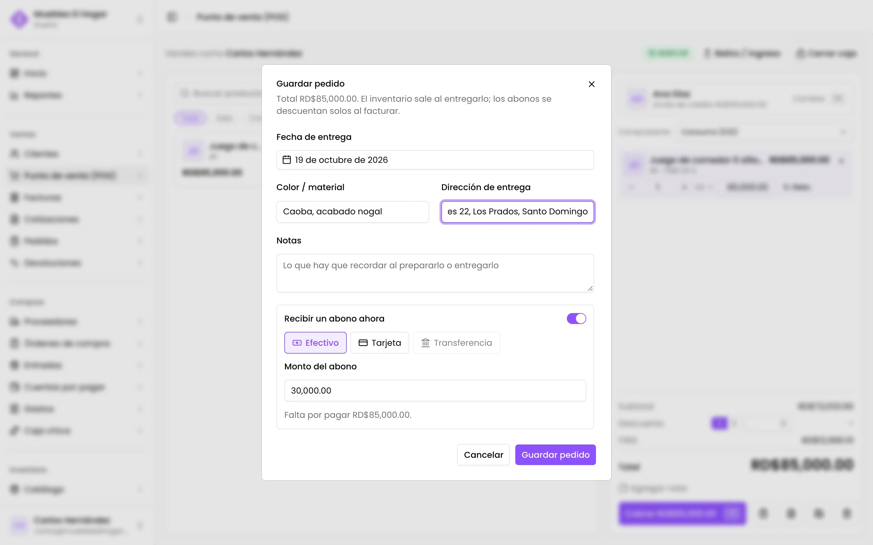 Guardar el ticket como pedido: la fecha de entrega, las notas y el primer abono