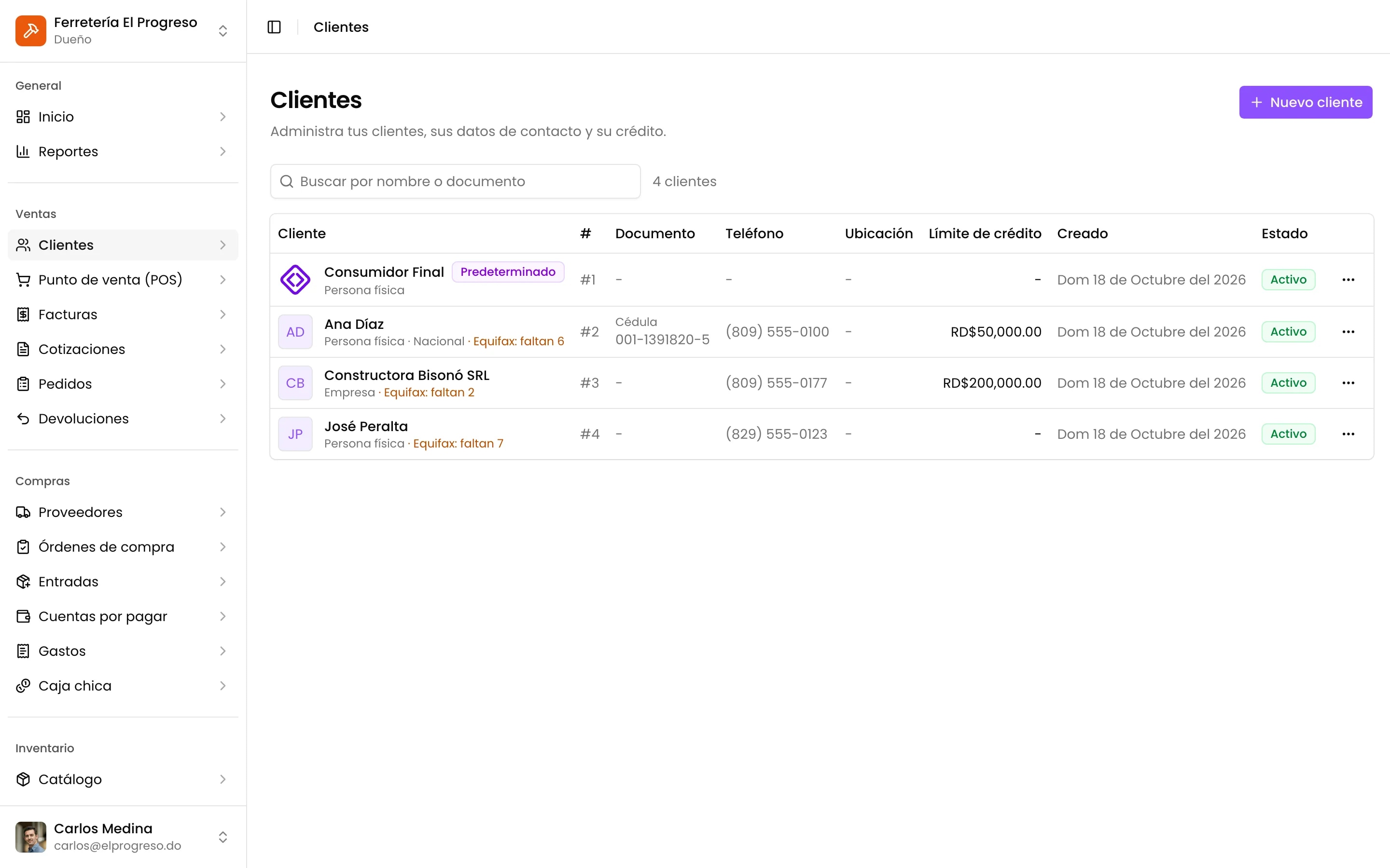 La lista de clientes con su documento, teléfono y lo que debe cada uno