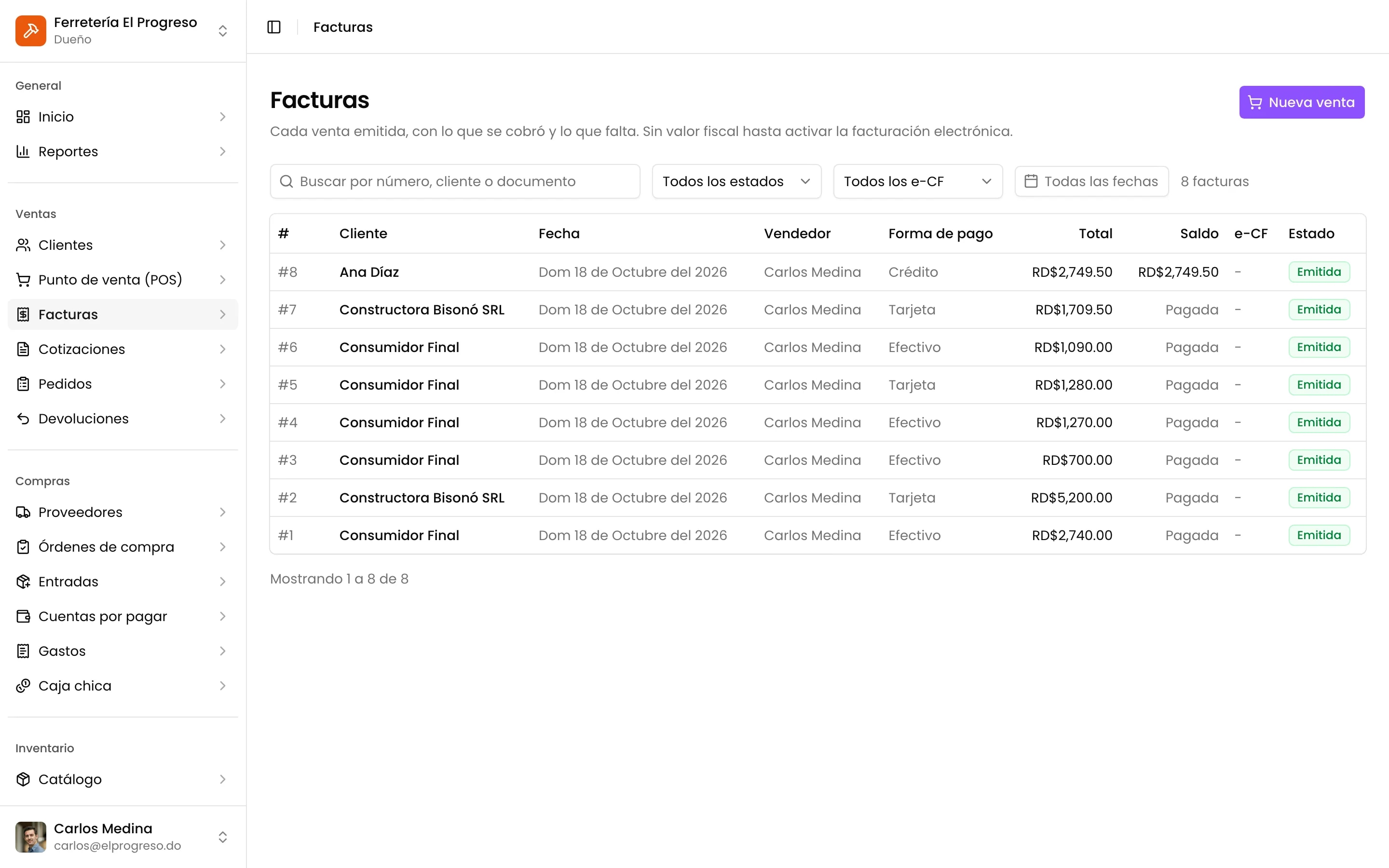 La lista de facturas con el cliente, la forma de pago, el total y el estado