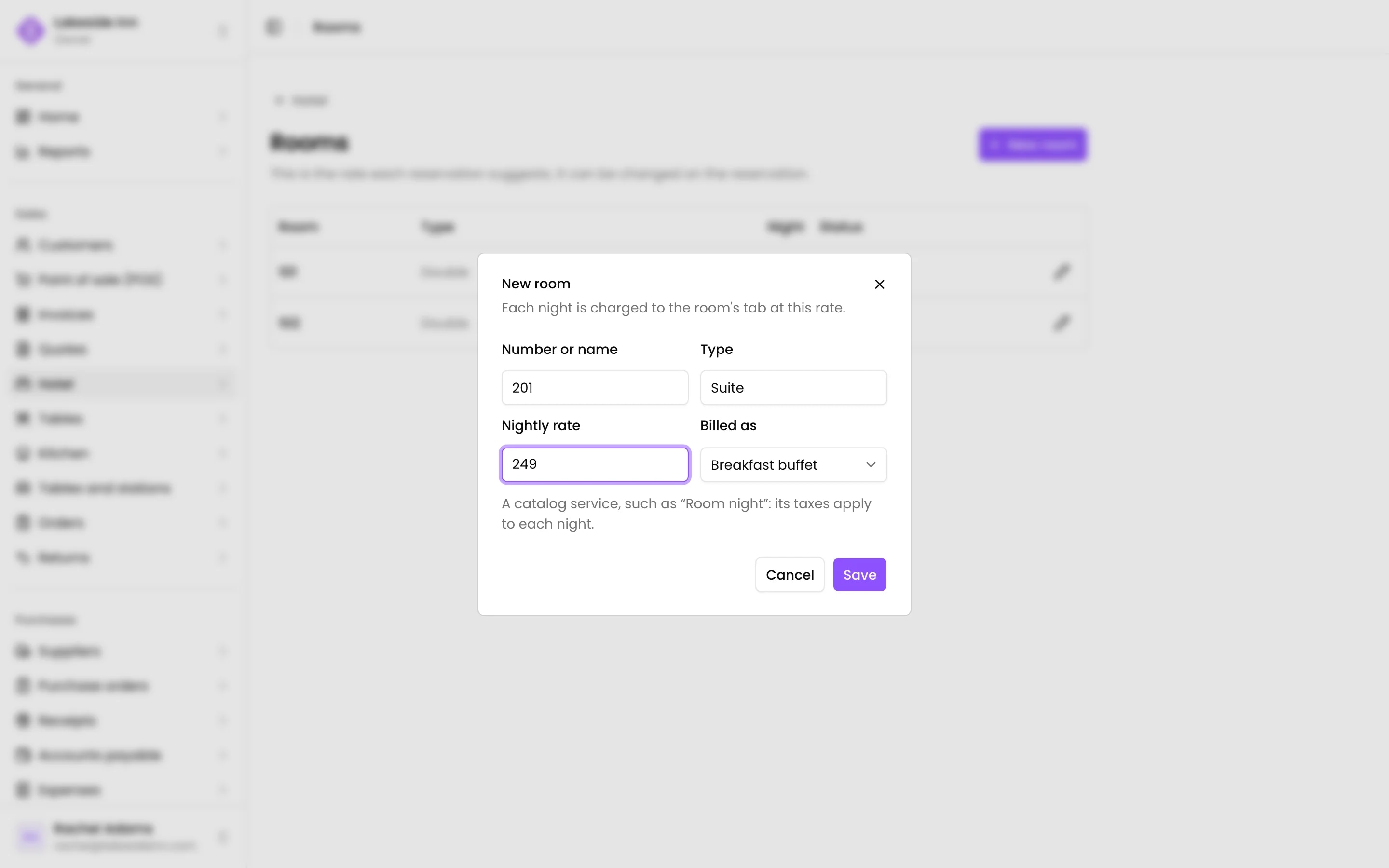 A new room with its name, type and nightly rate