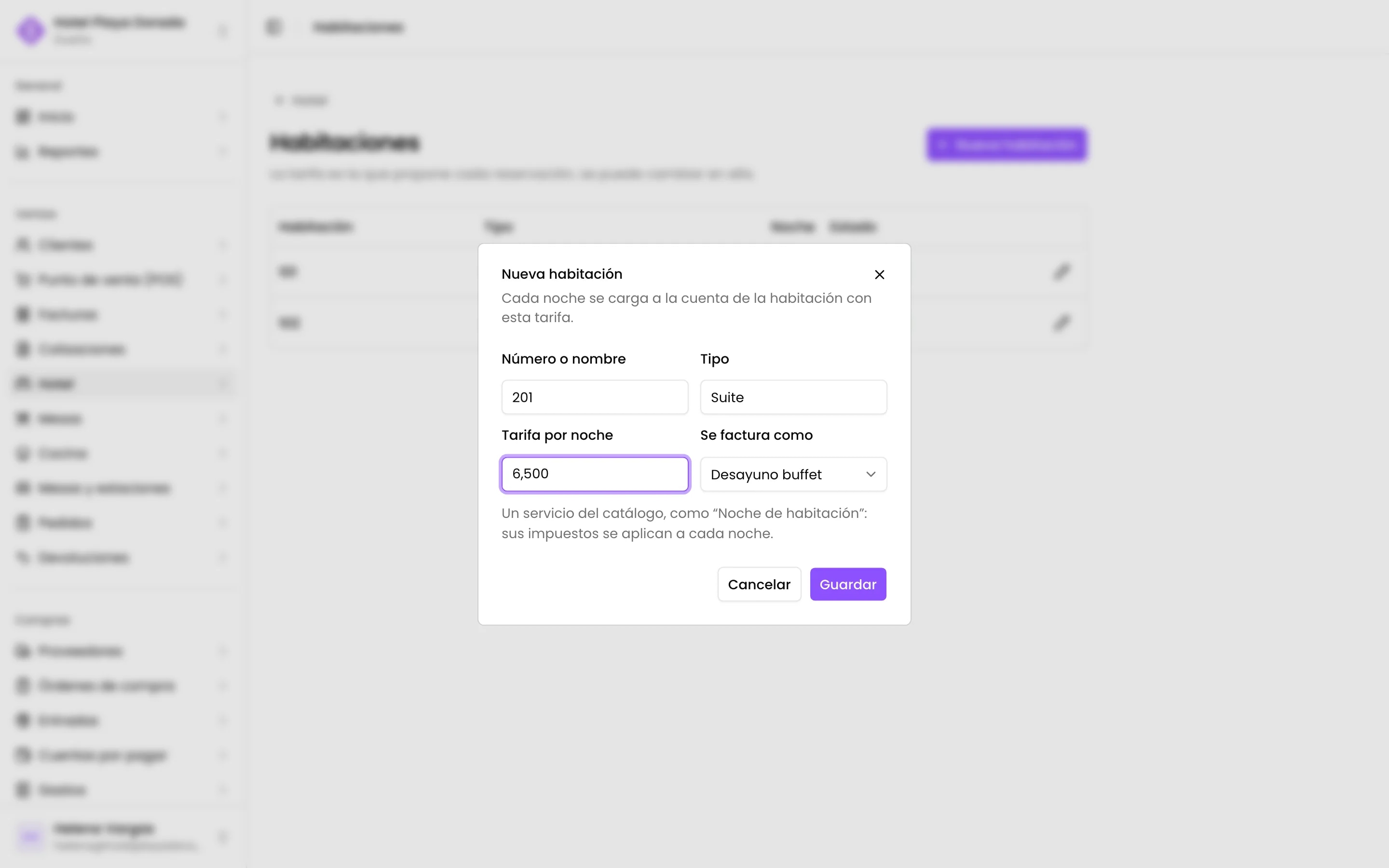 Una habitación nueva con su nombre, tipo y tarifa por noche