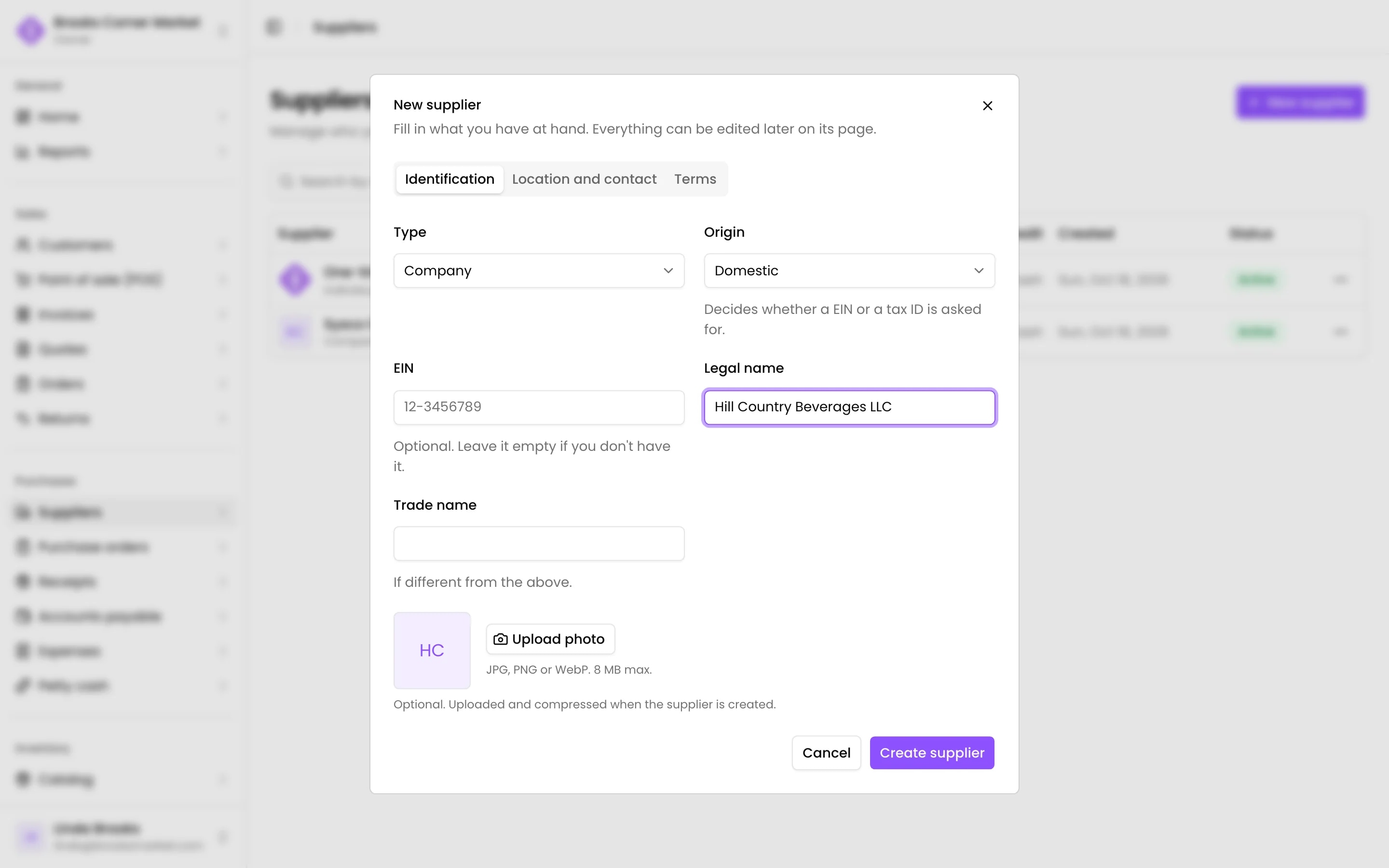 The New supplier dialog with its type, origin, tax ID and legal name