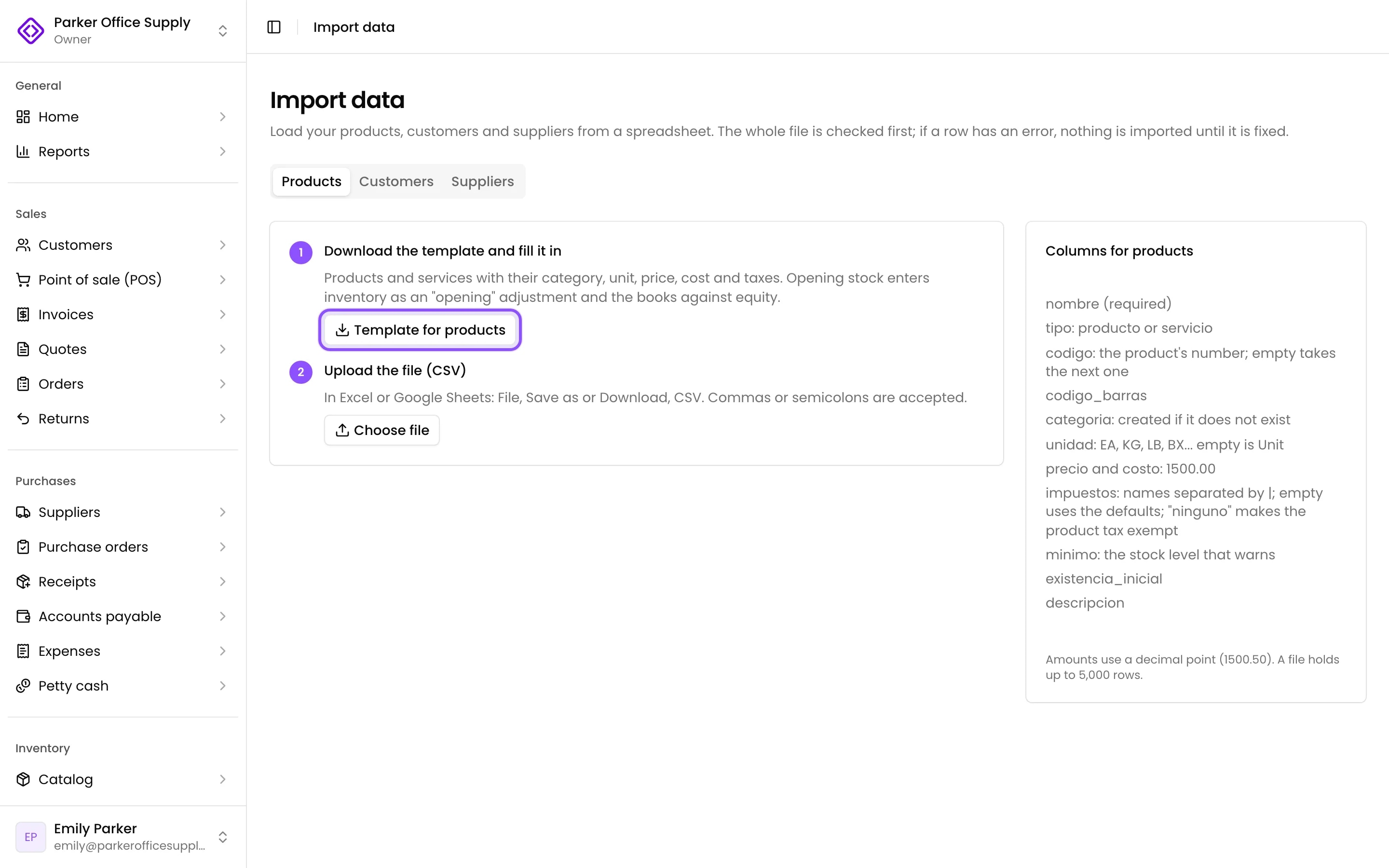 Import data, Products tab, with the template button and the list of columns