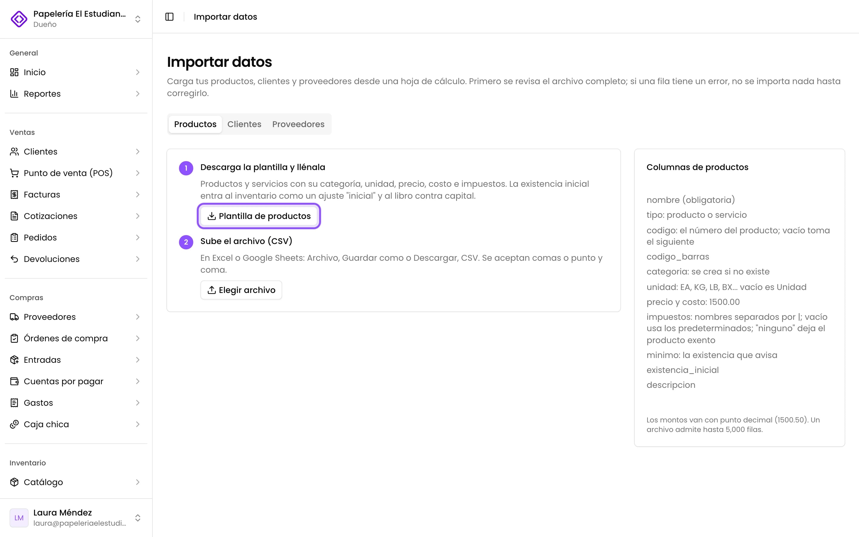 Importar datos, pestaña Productos, con el botón Plantilla de productos y la lista de columnas