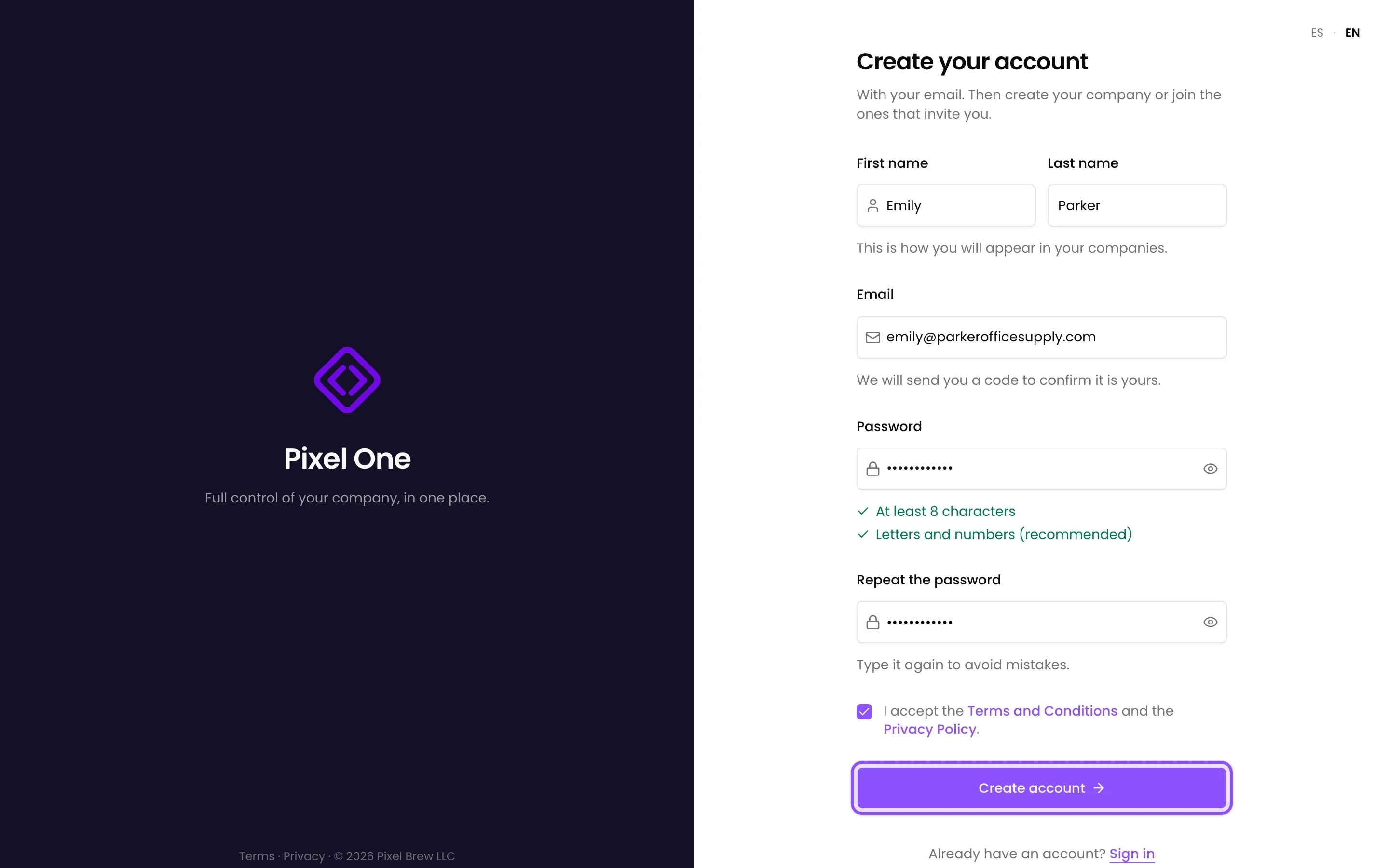 The Create your account form filled in