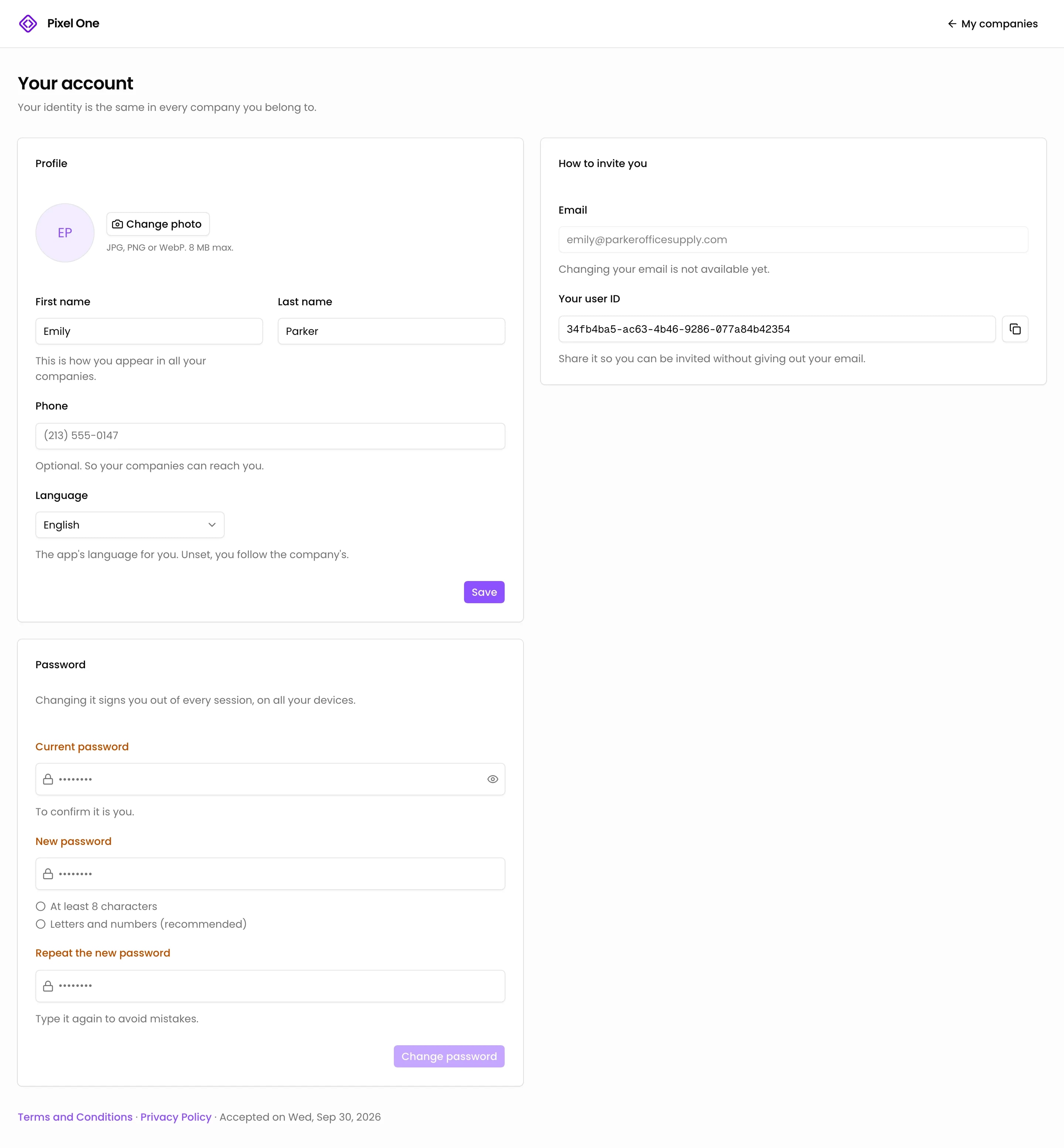 Your account: profile, how to invite you and the password