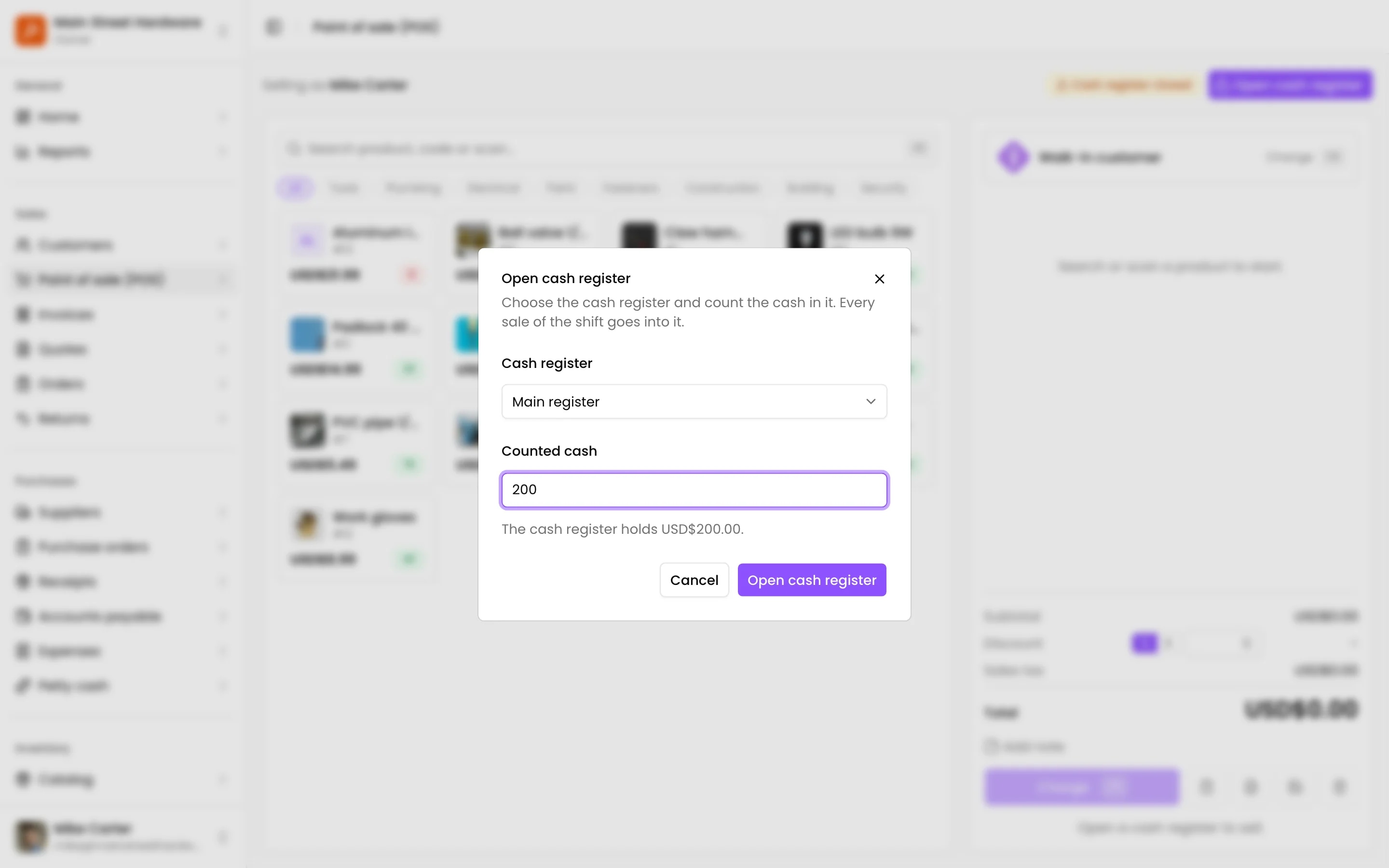 The dialog to open the cash register with the counted cash