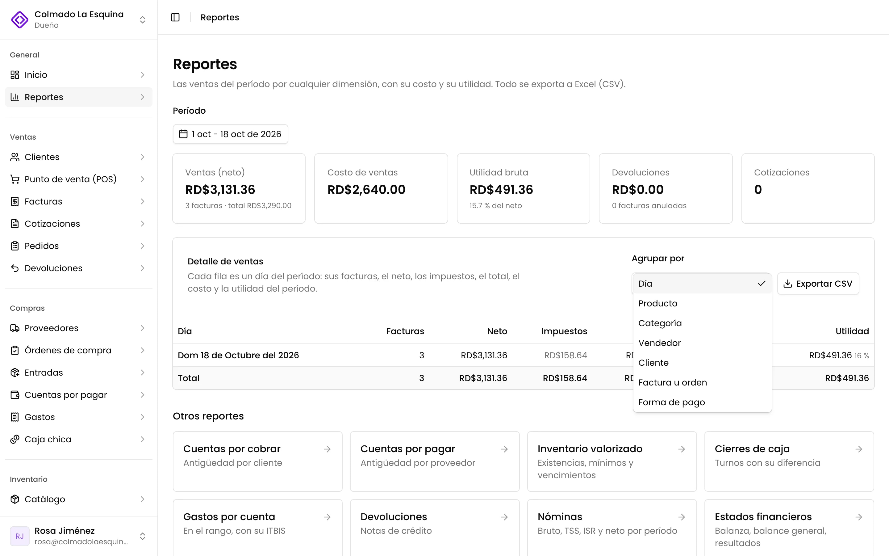 Agrupar por: día, producto, categoría, vendedor, cliente o forma de pago