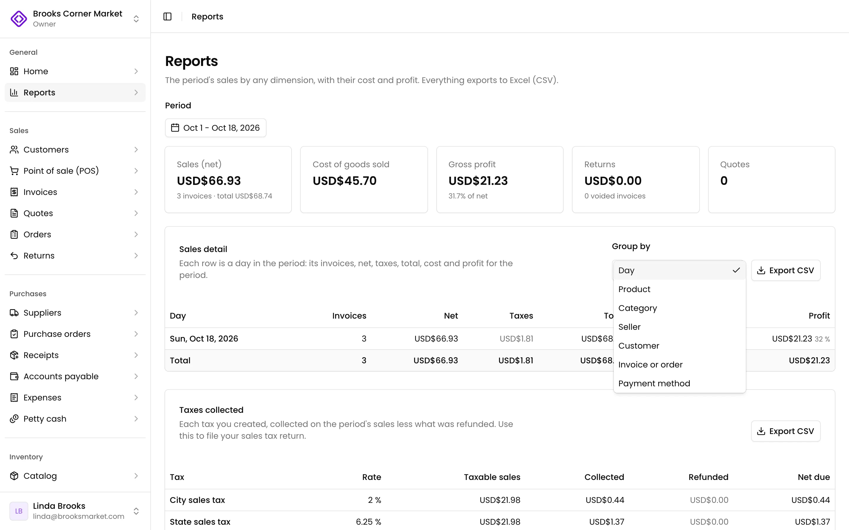 Group by: day, product, category, seller, customer or payment method