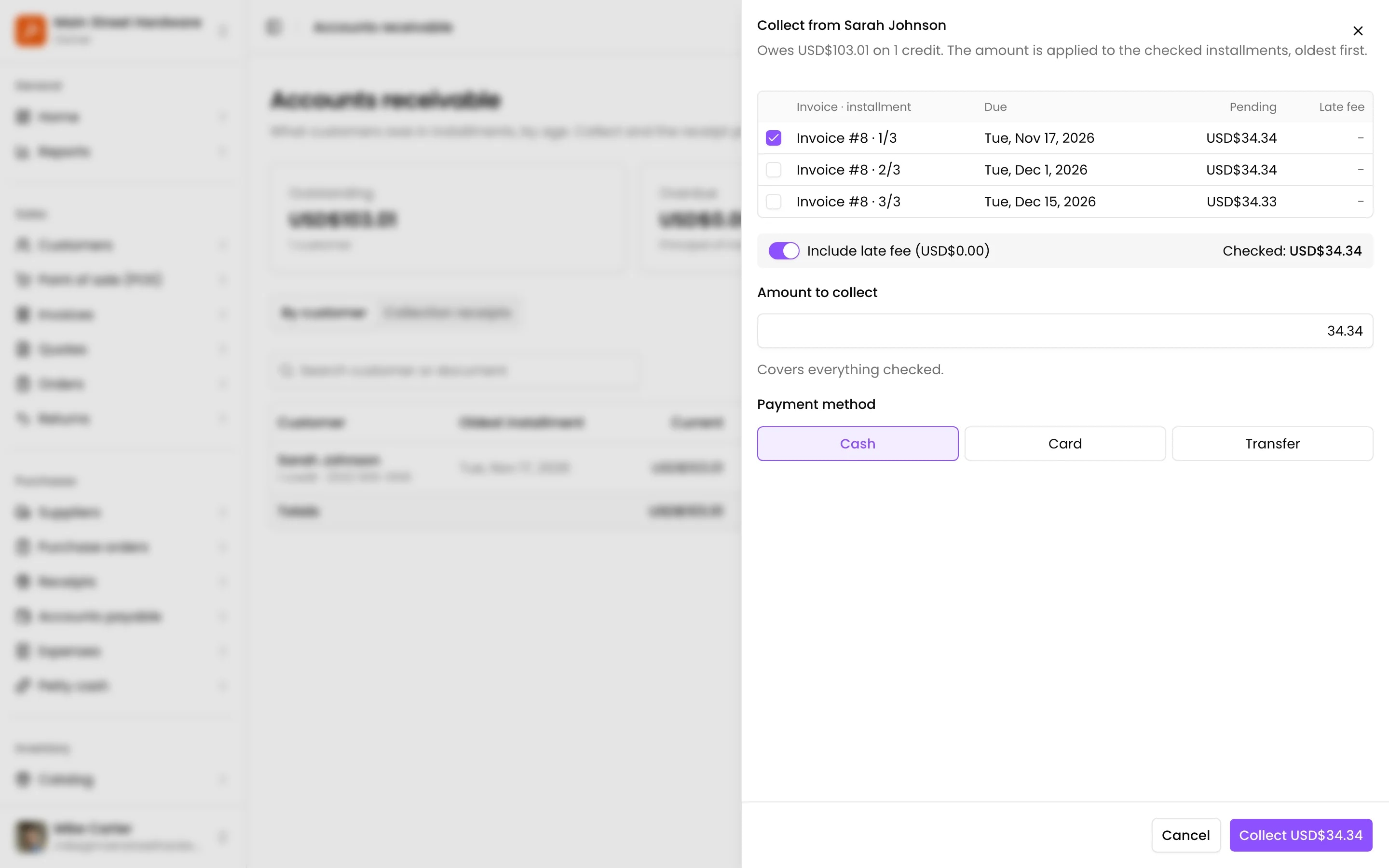 Collect: the installment due, the payment method and the amount