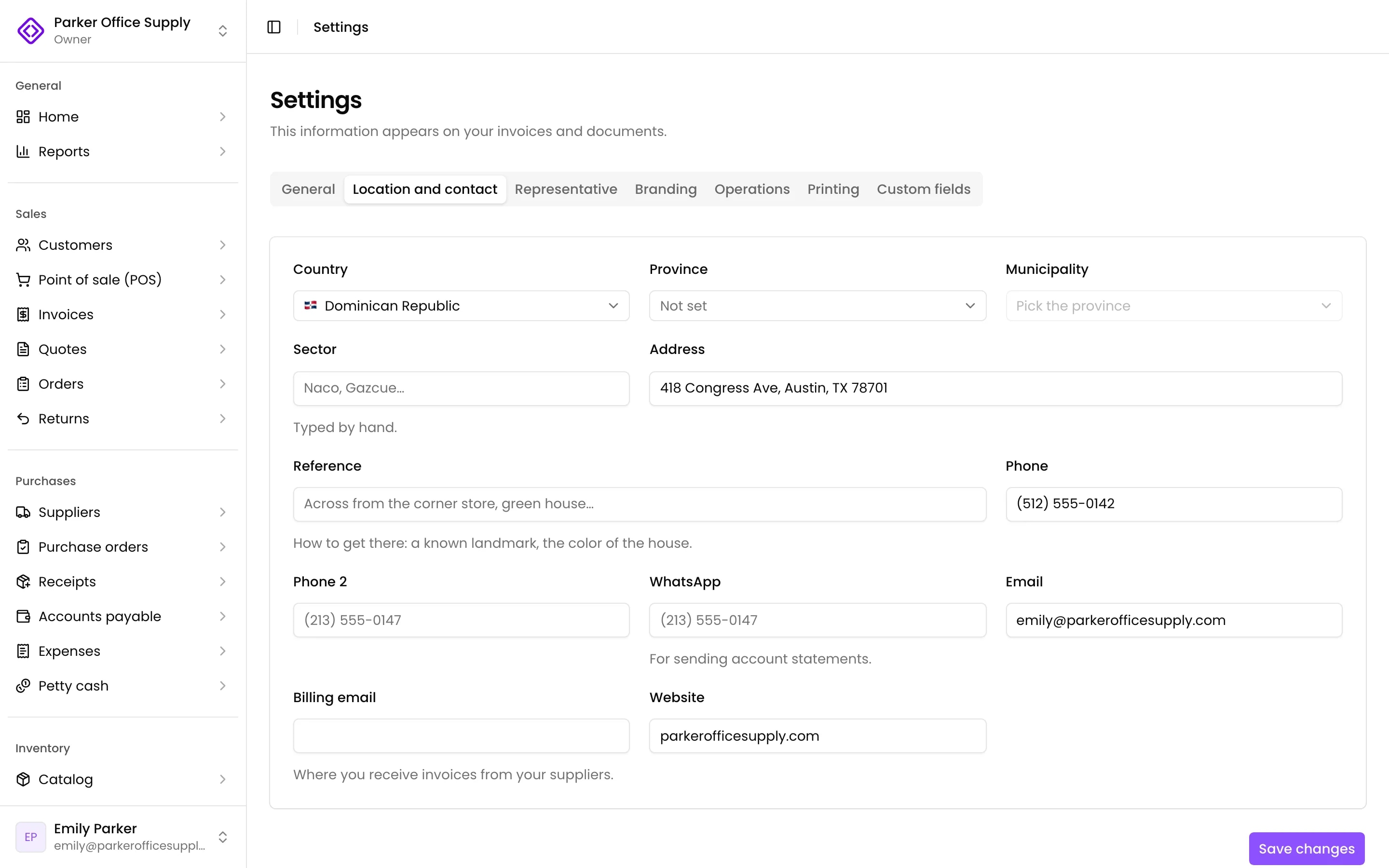 Settings, Location and contact tab
