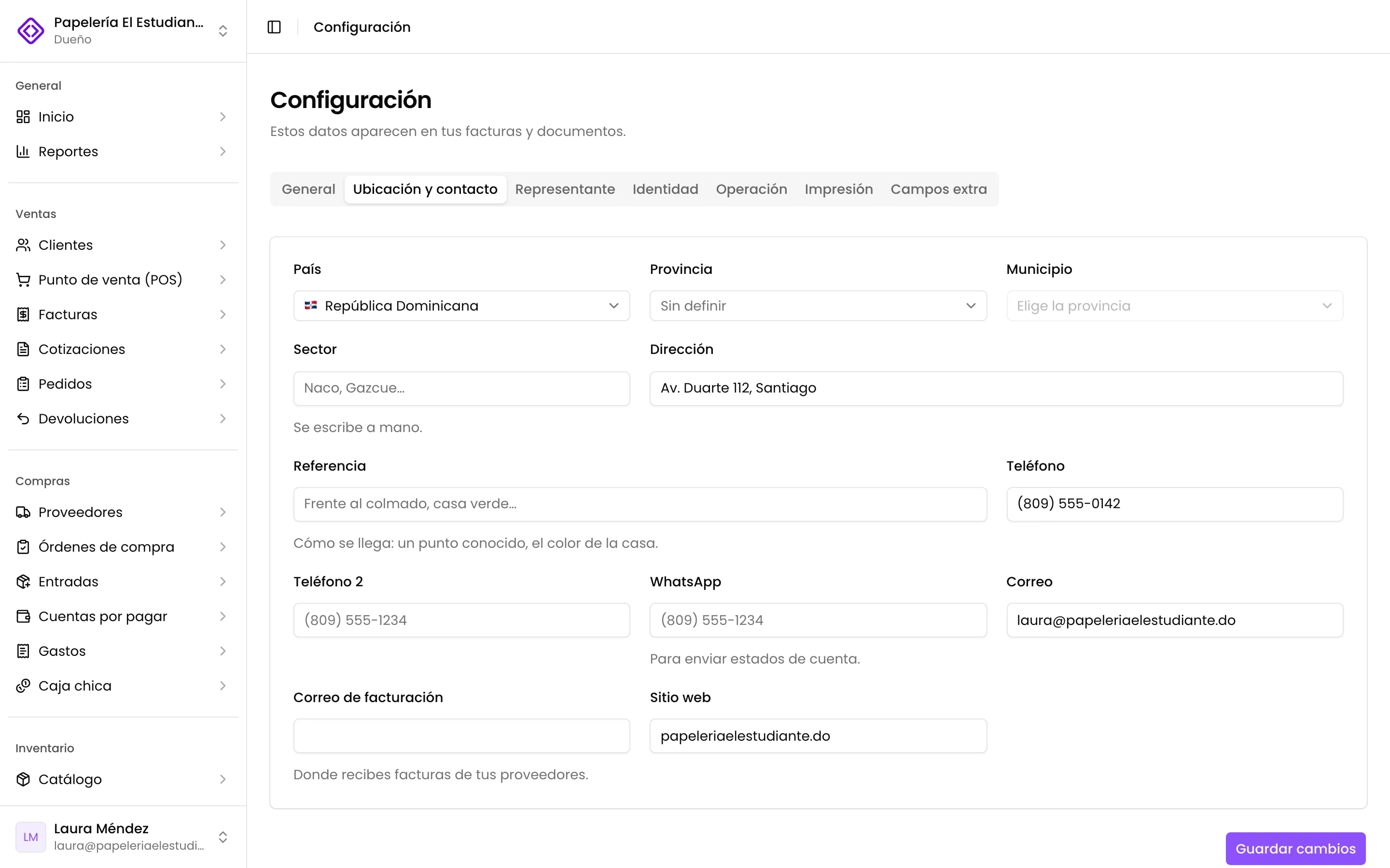 Configuración, pestaña Ubicación y contacto