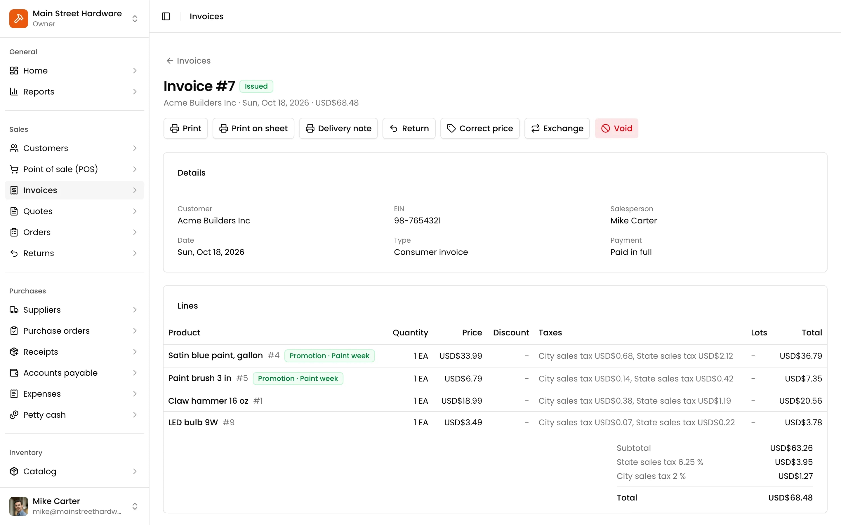 An invoice page with its lines, payments and actions