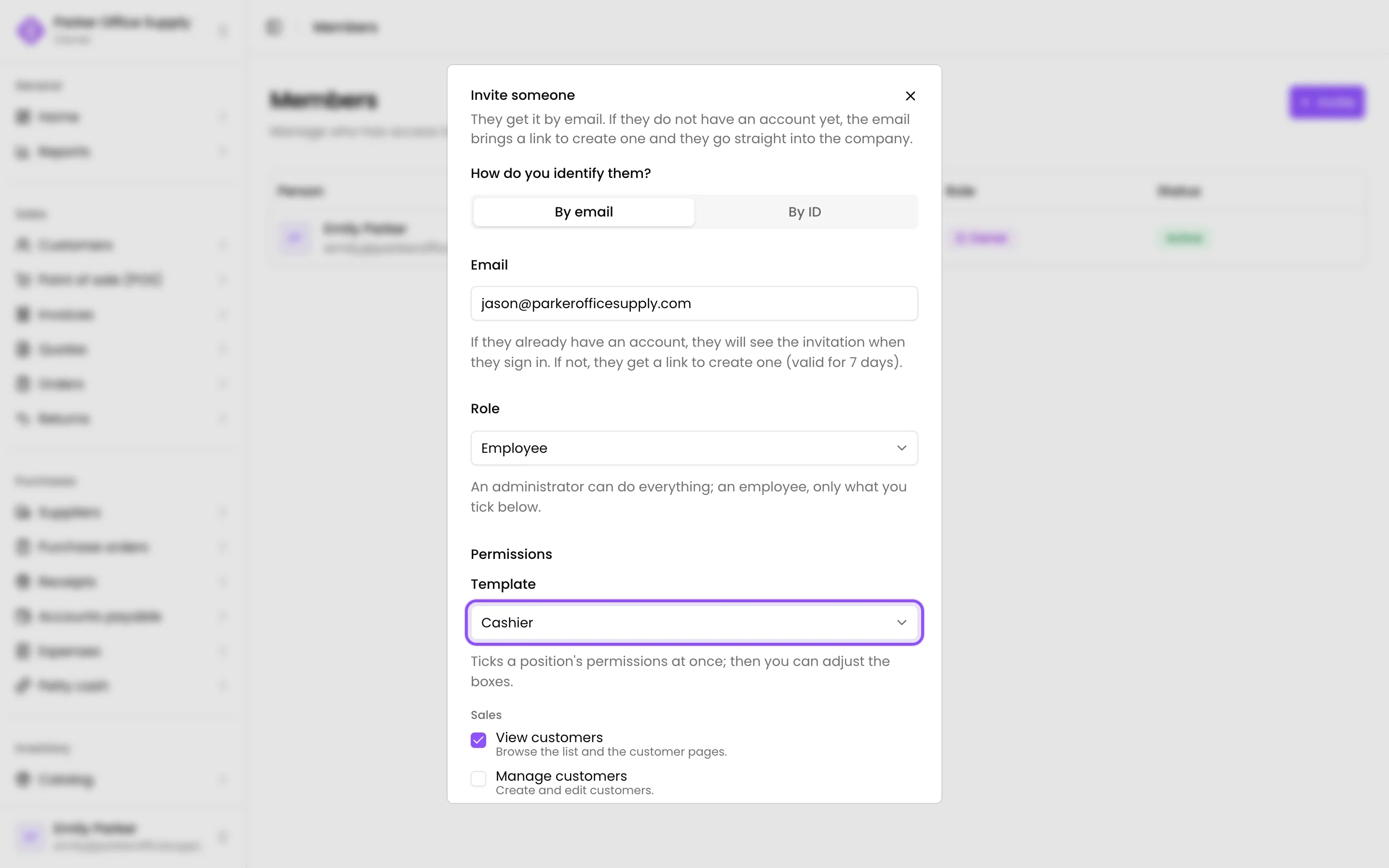 The invite dialog with the Cashier template chosen and its permissions ticked
