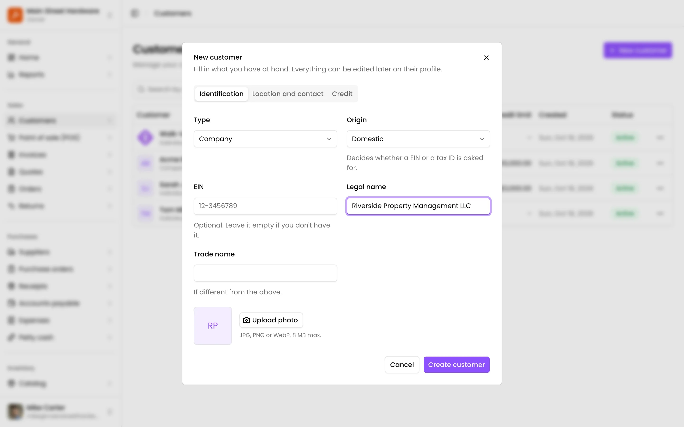 New customer: individual or business, name and tax ID