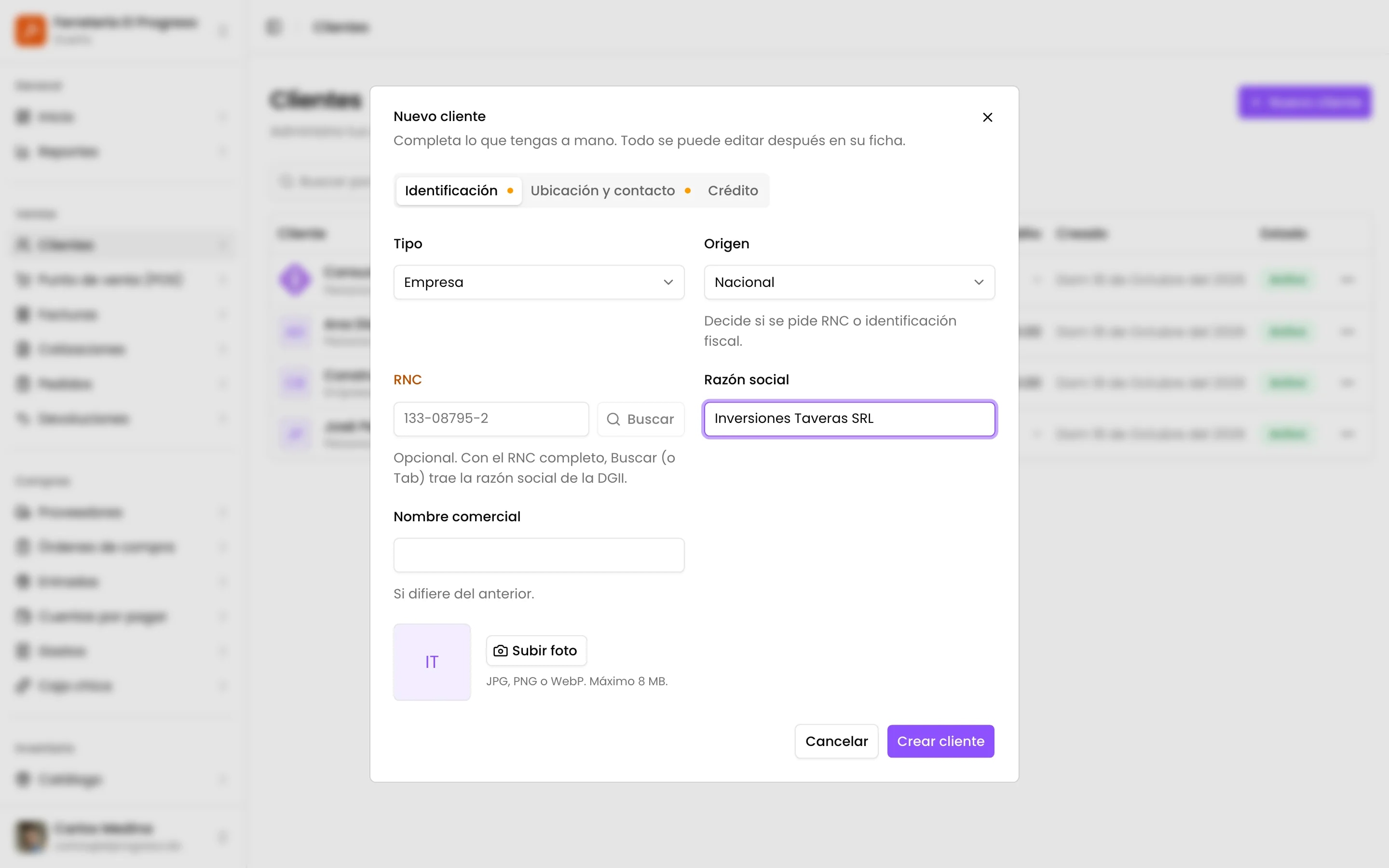 Nuevo cliente: persona o empresa, nombre y documento