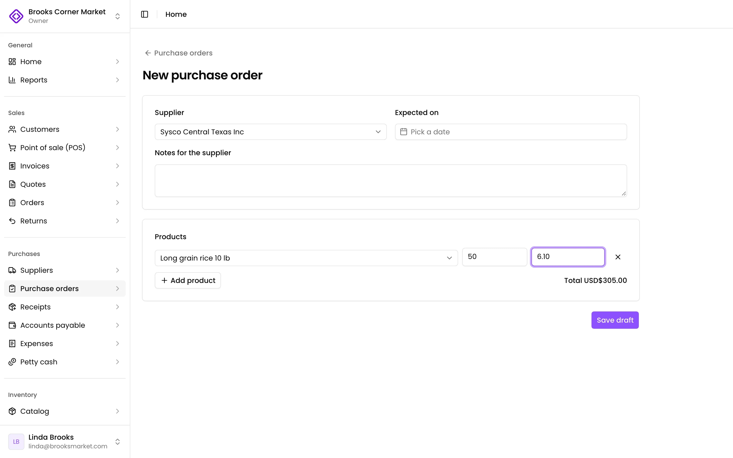 A purchase order with its products, quantities and agreed cost