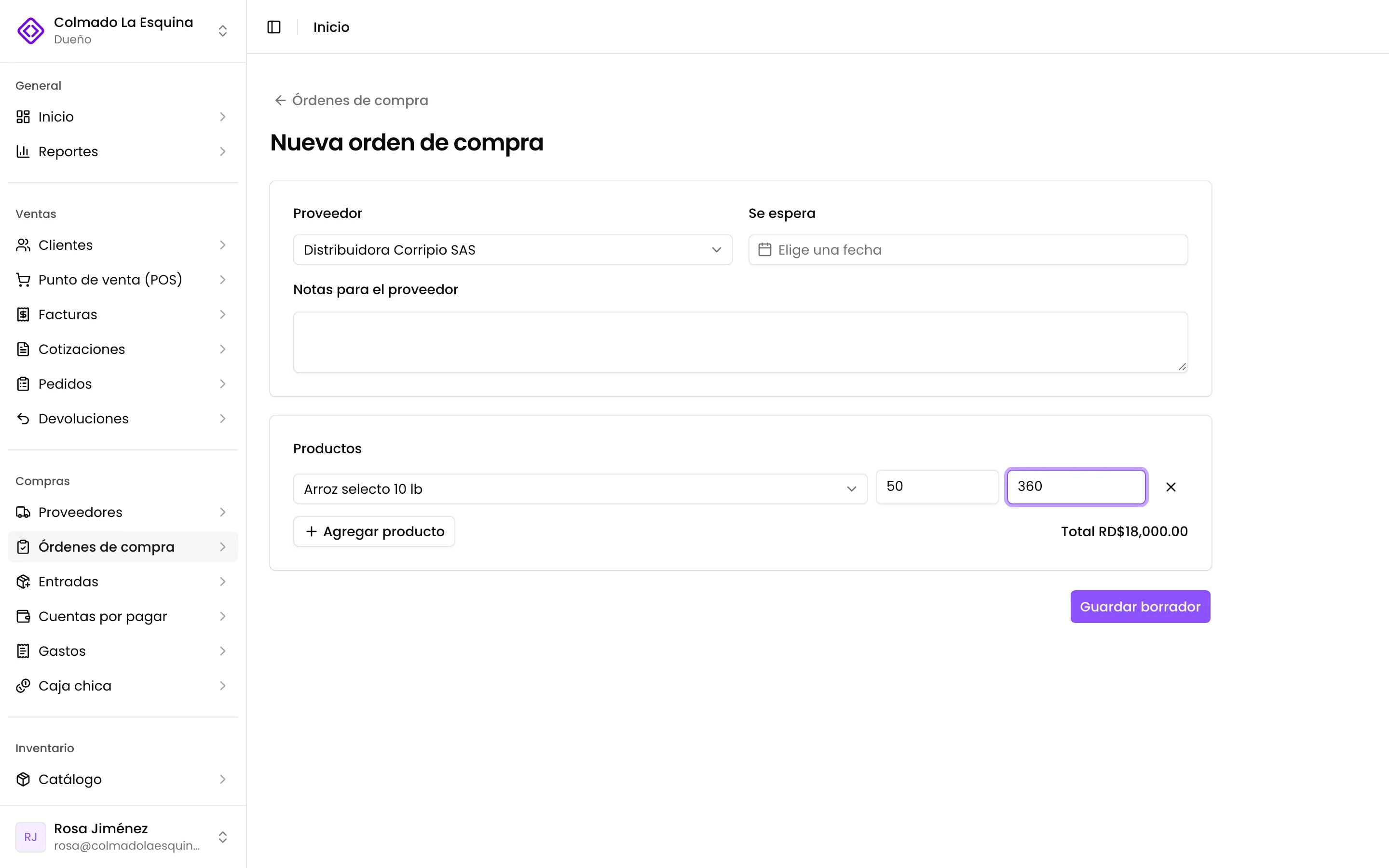 Una orden de compra con sus productos, cantidades y costo acordado