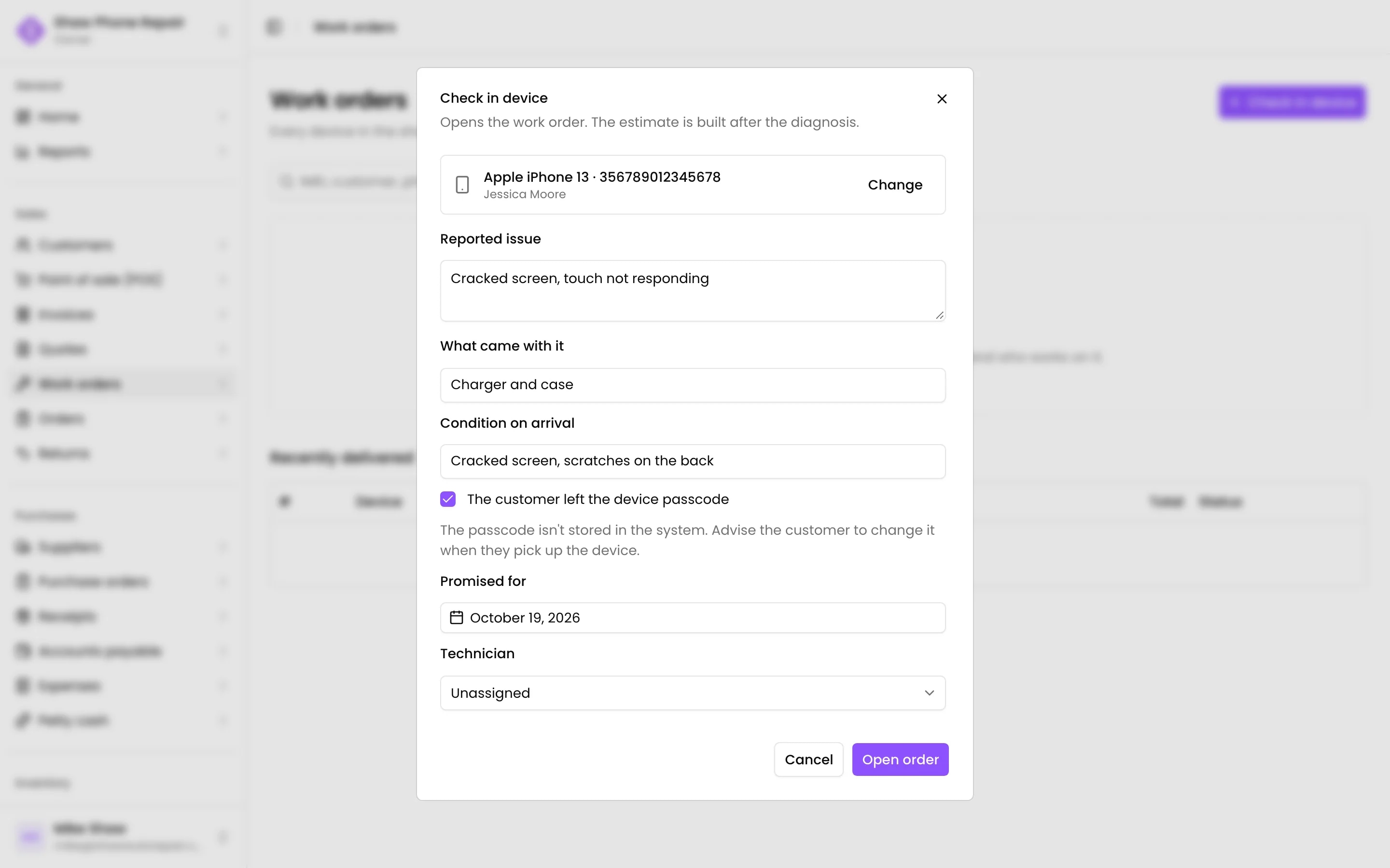 Check in device: the issue, what came with it, its condition and the passcode