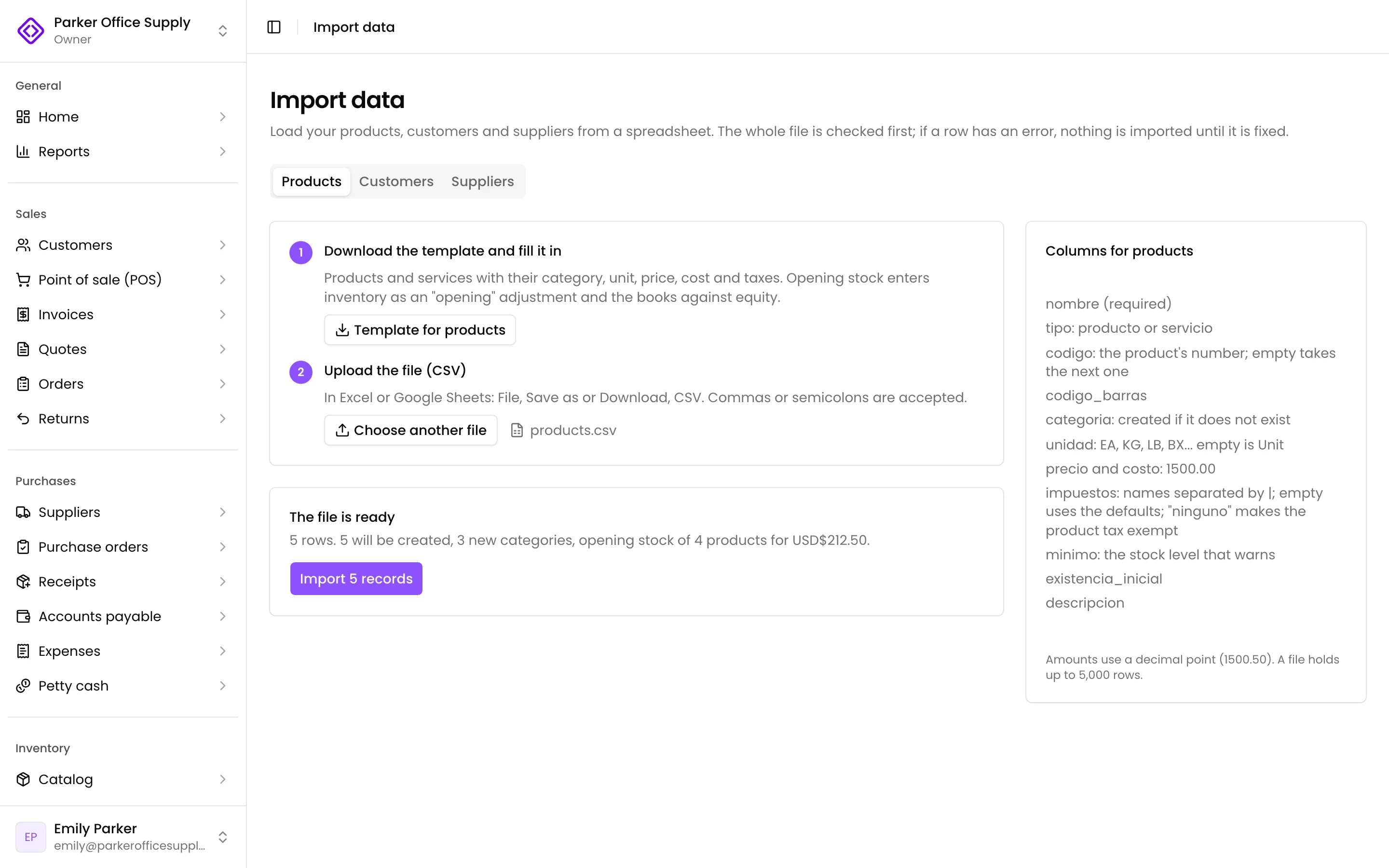 The preview of a products file, ready to import