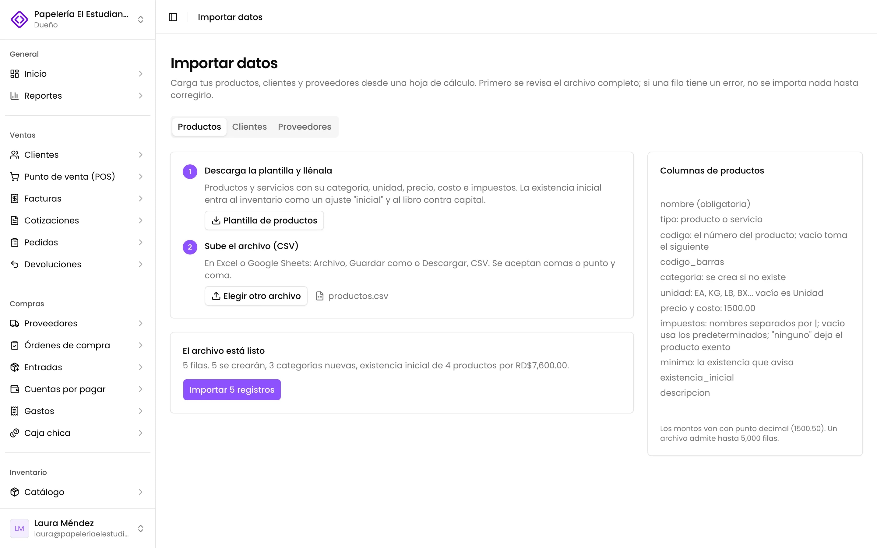 La vista previa de un archivo de productos, listo para importar