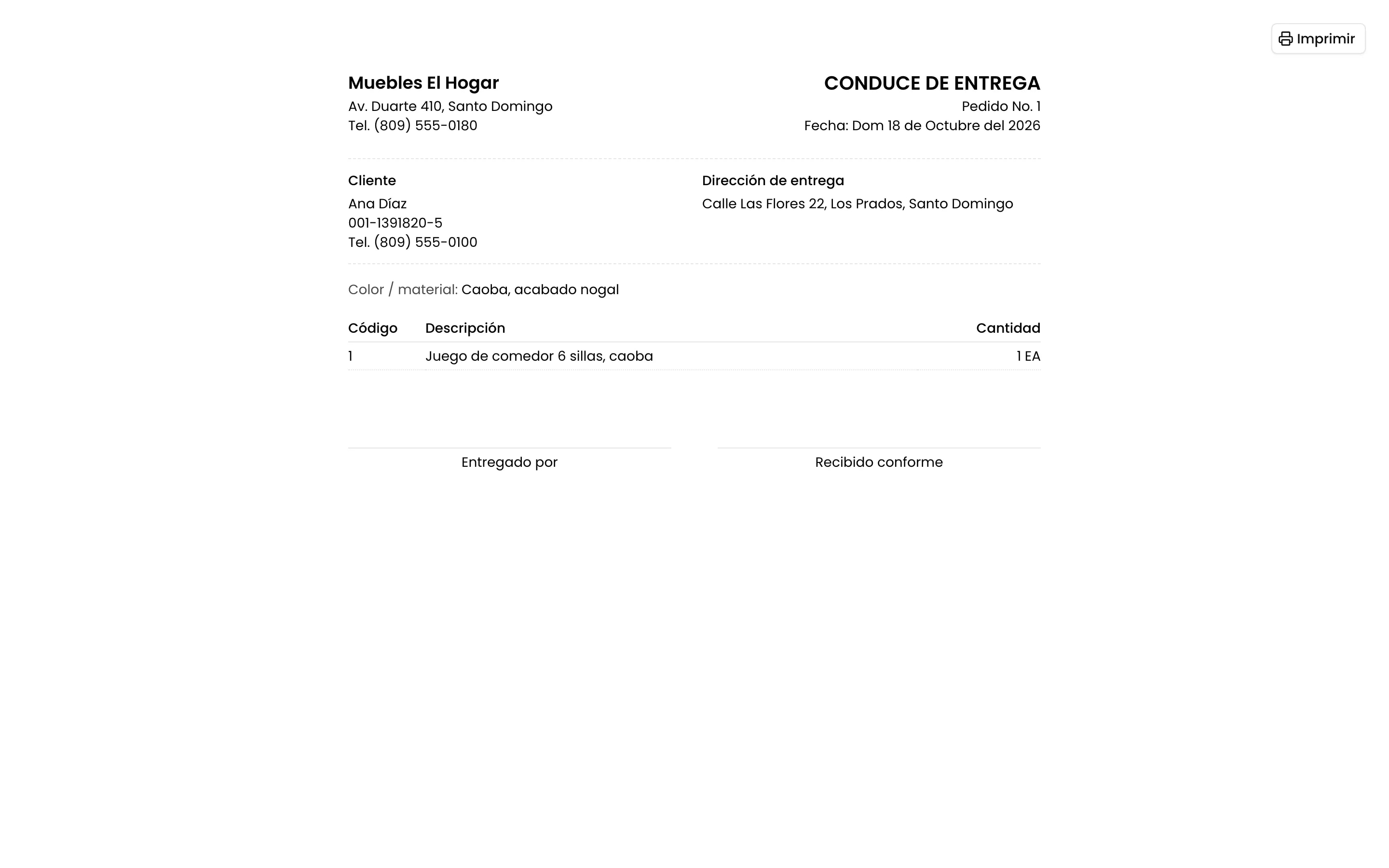 El conduce para firmar cuando se entrega el mueble