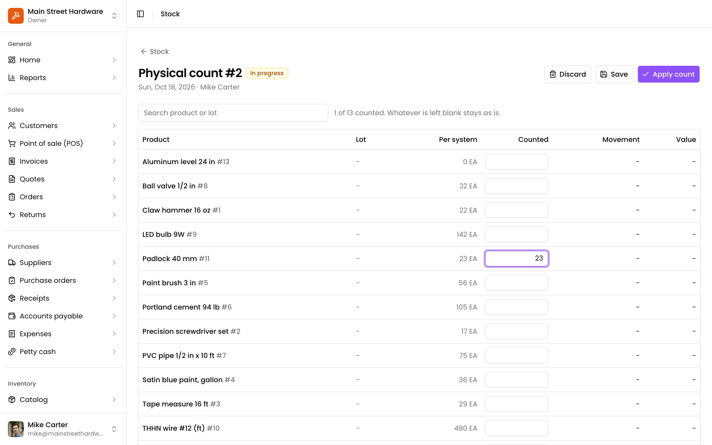 A physical count in progress: what the system says and what was counted