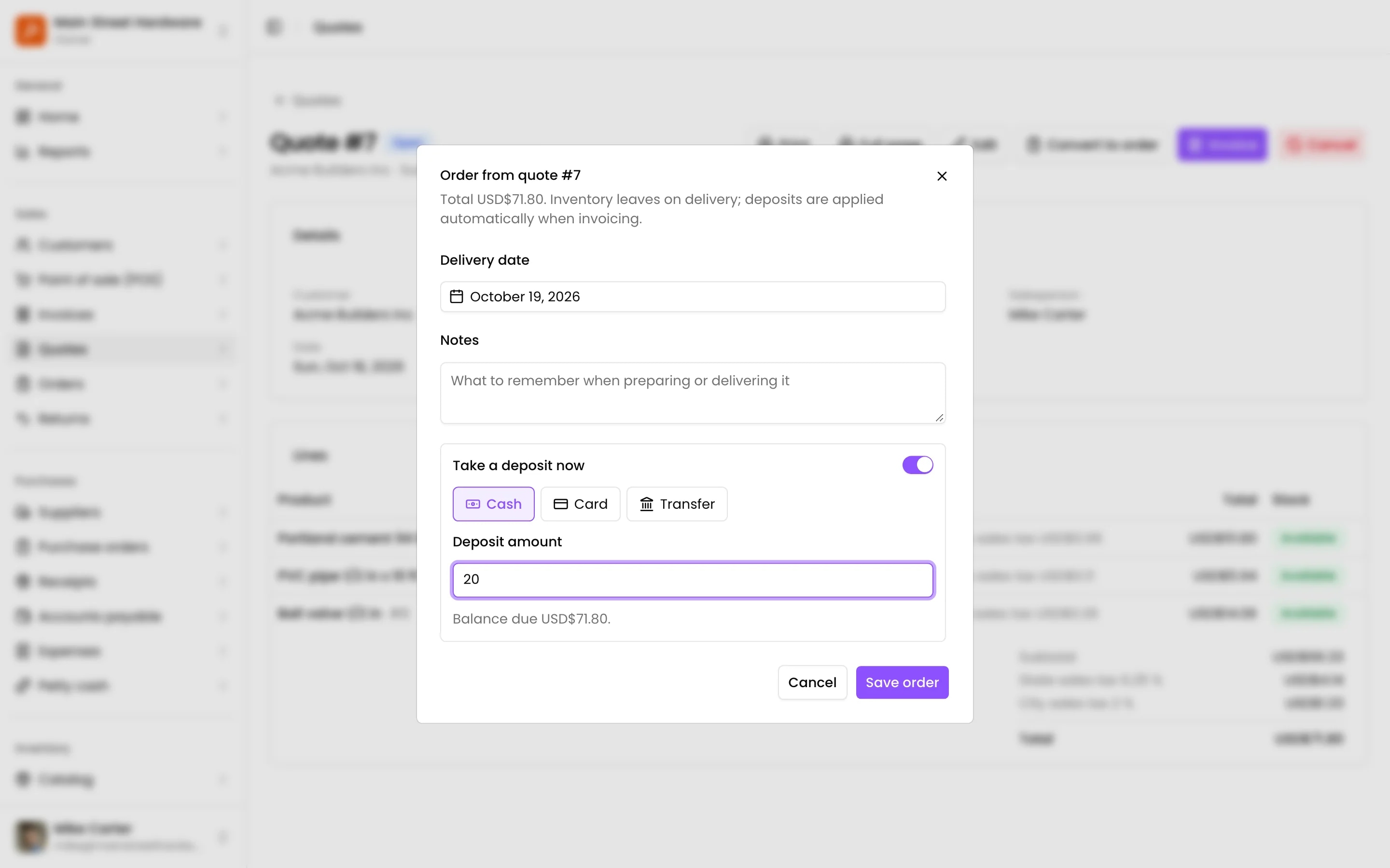 Converting the quote into an order with the delivery date and a deposit