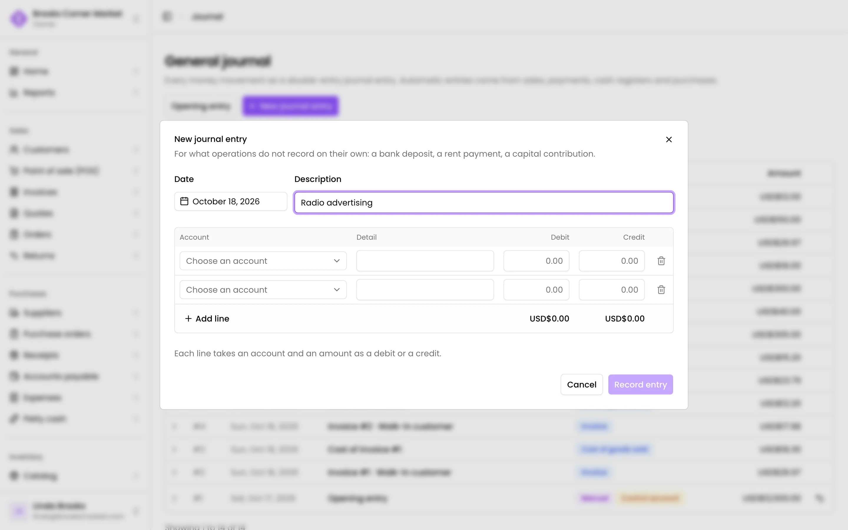 A manual journal entry with debits and credits that balance