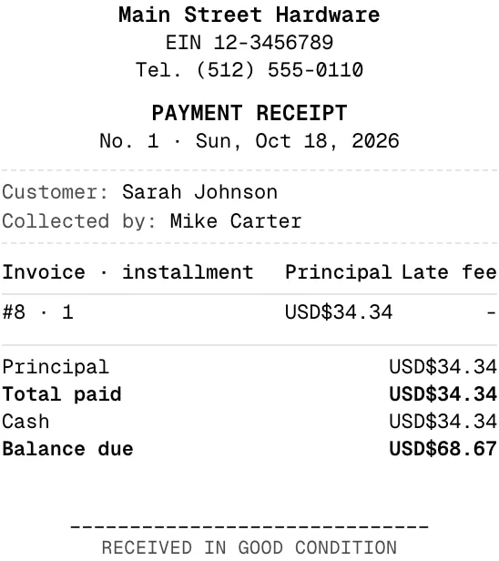 The collection receipt: what was paid and what is still owed