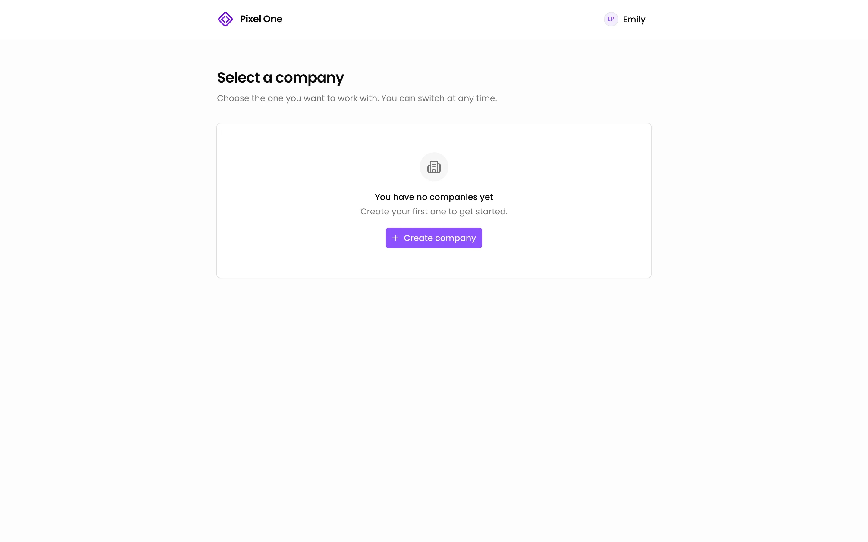 A new account with no companies, with the Create company button