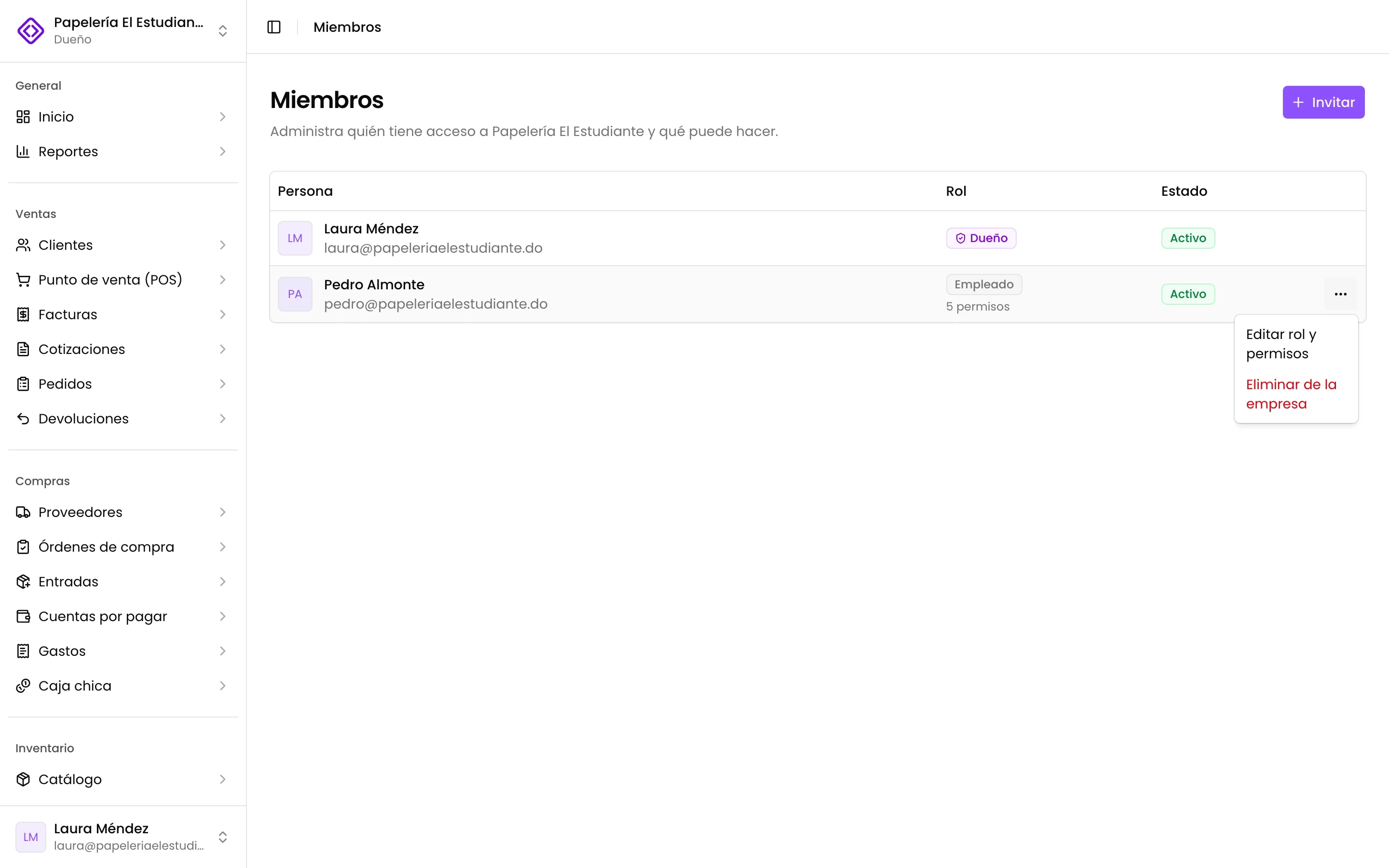El menú de un miembro con Editar rol y permisos y Eliminar de la empresa