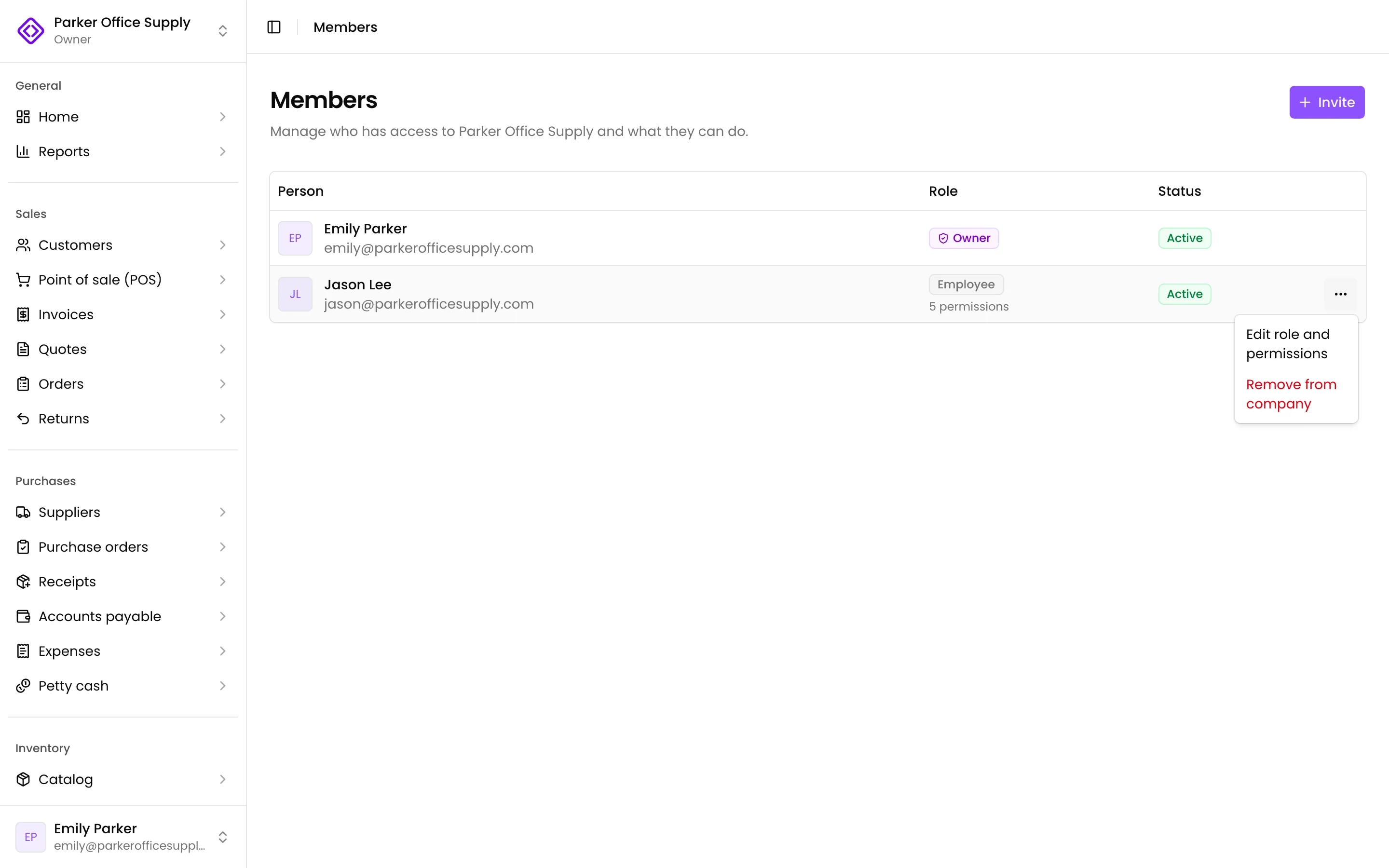 A member's menu with Edit role and permissions and Remove from company