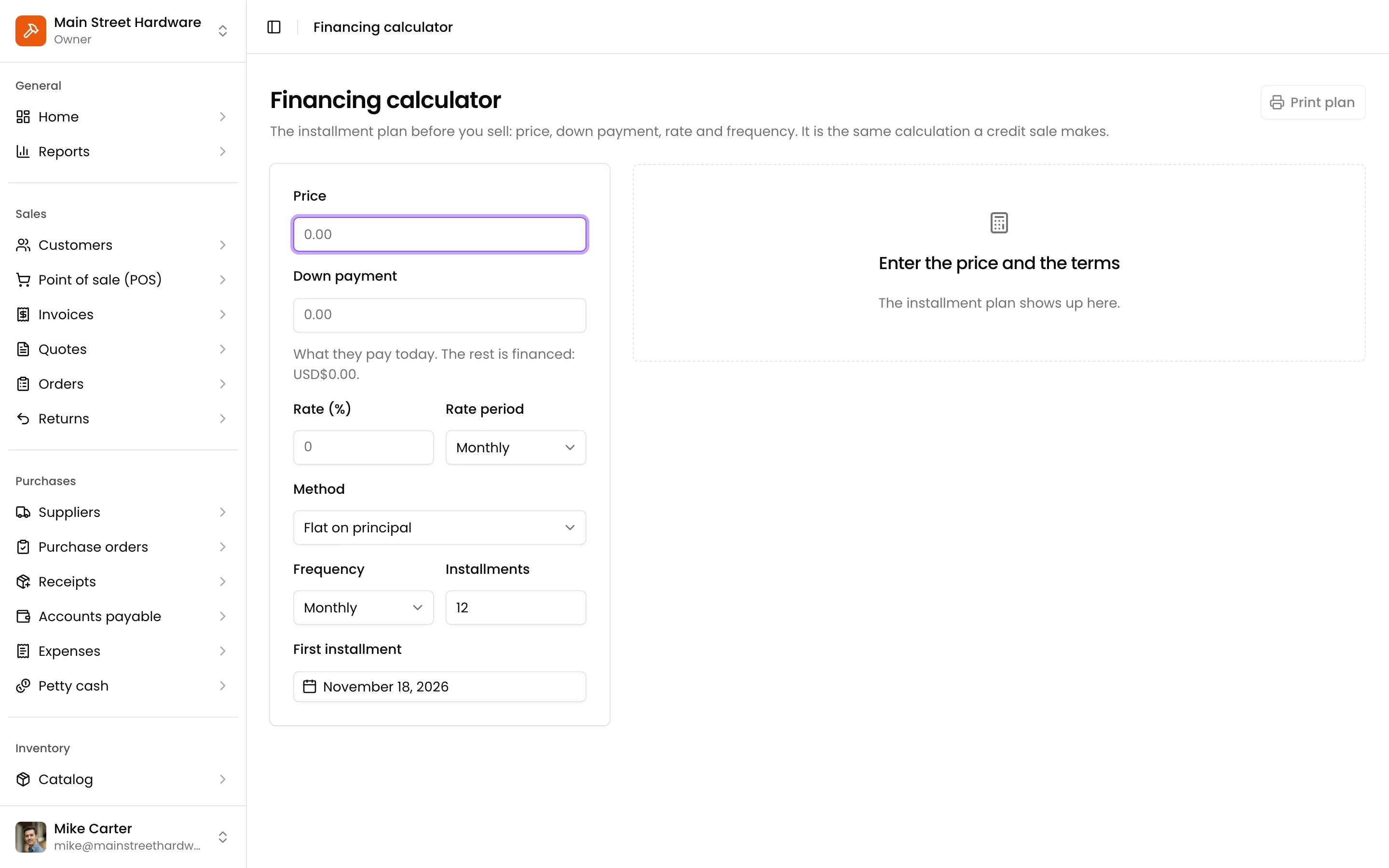 The financing calculator with the installment plan