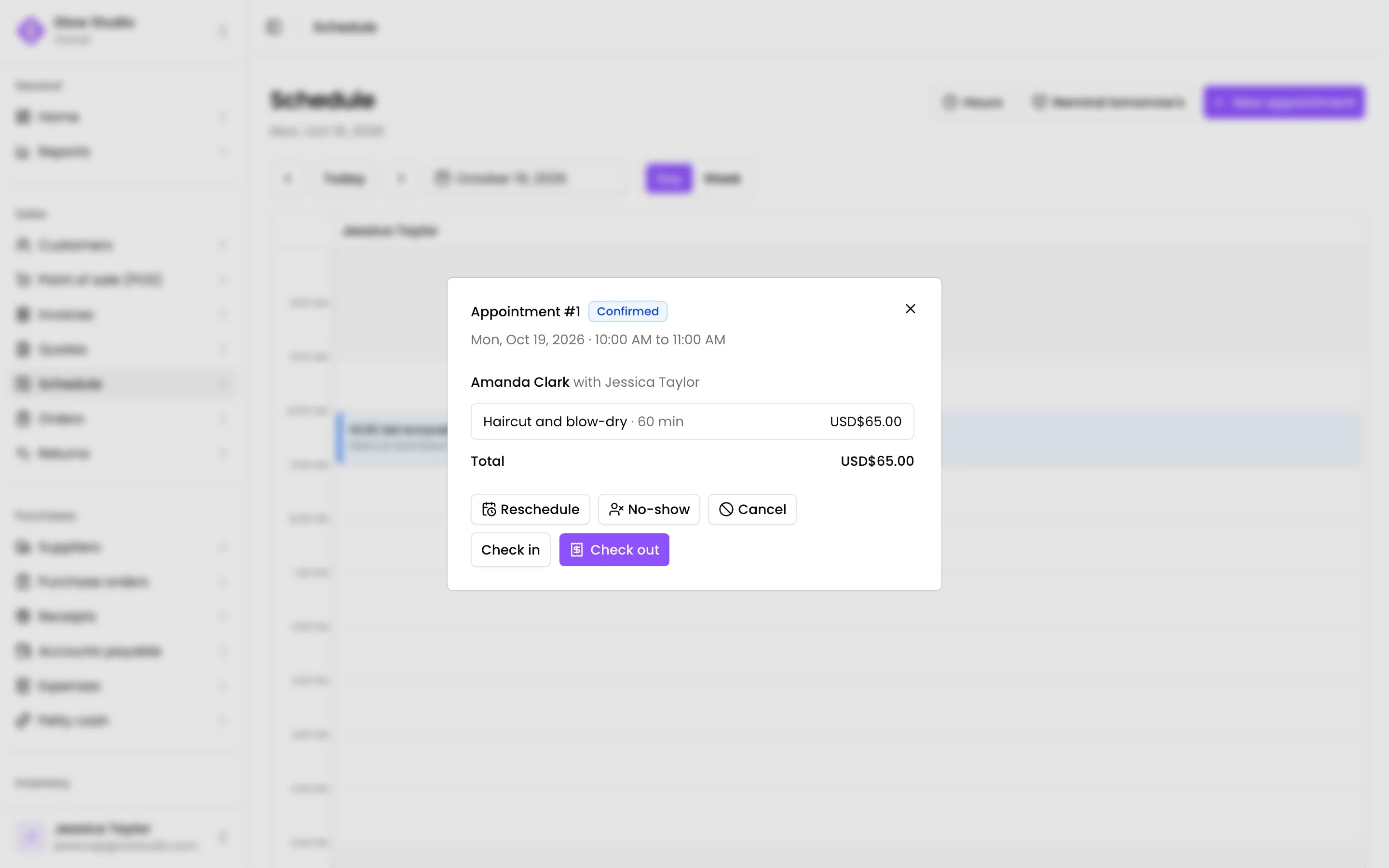 An appointment: confirm it, check the customer in, or charge it