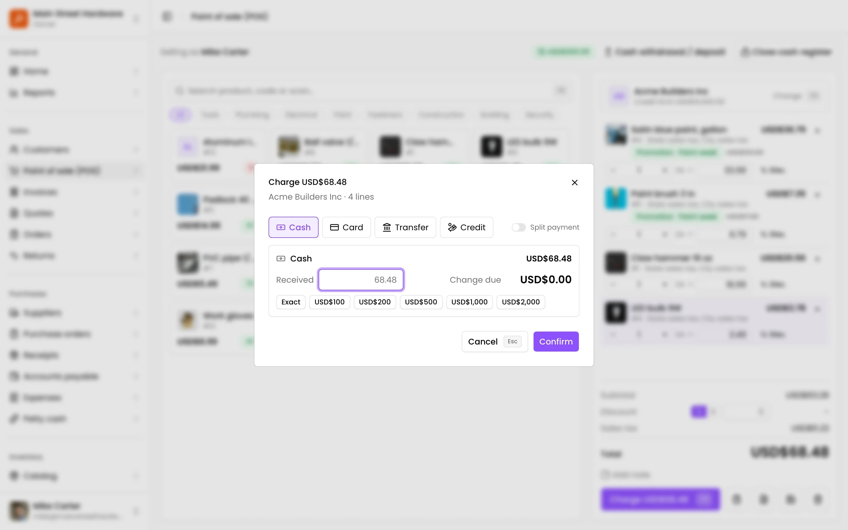 The cash payment with the amount received and the change