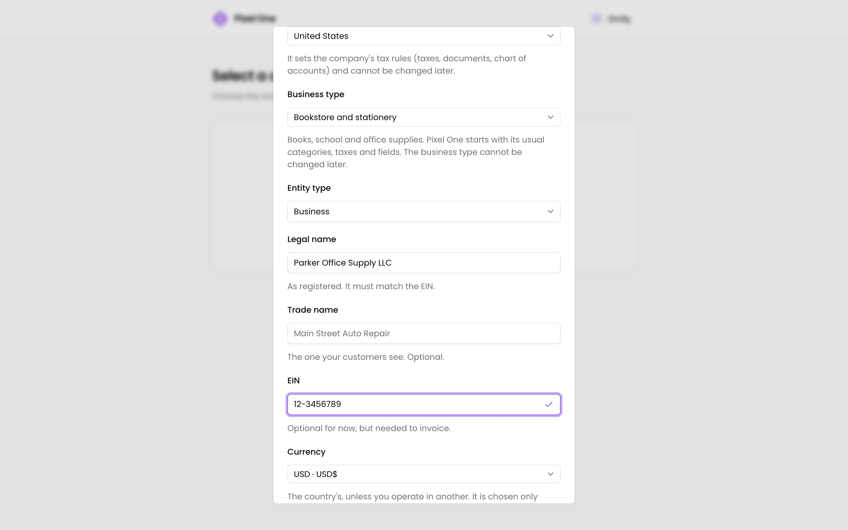 The New company dialog with the country, the business type, the entity type and the legal name