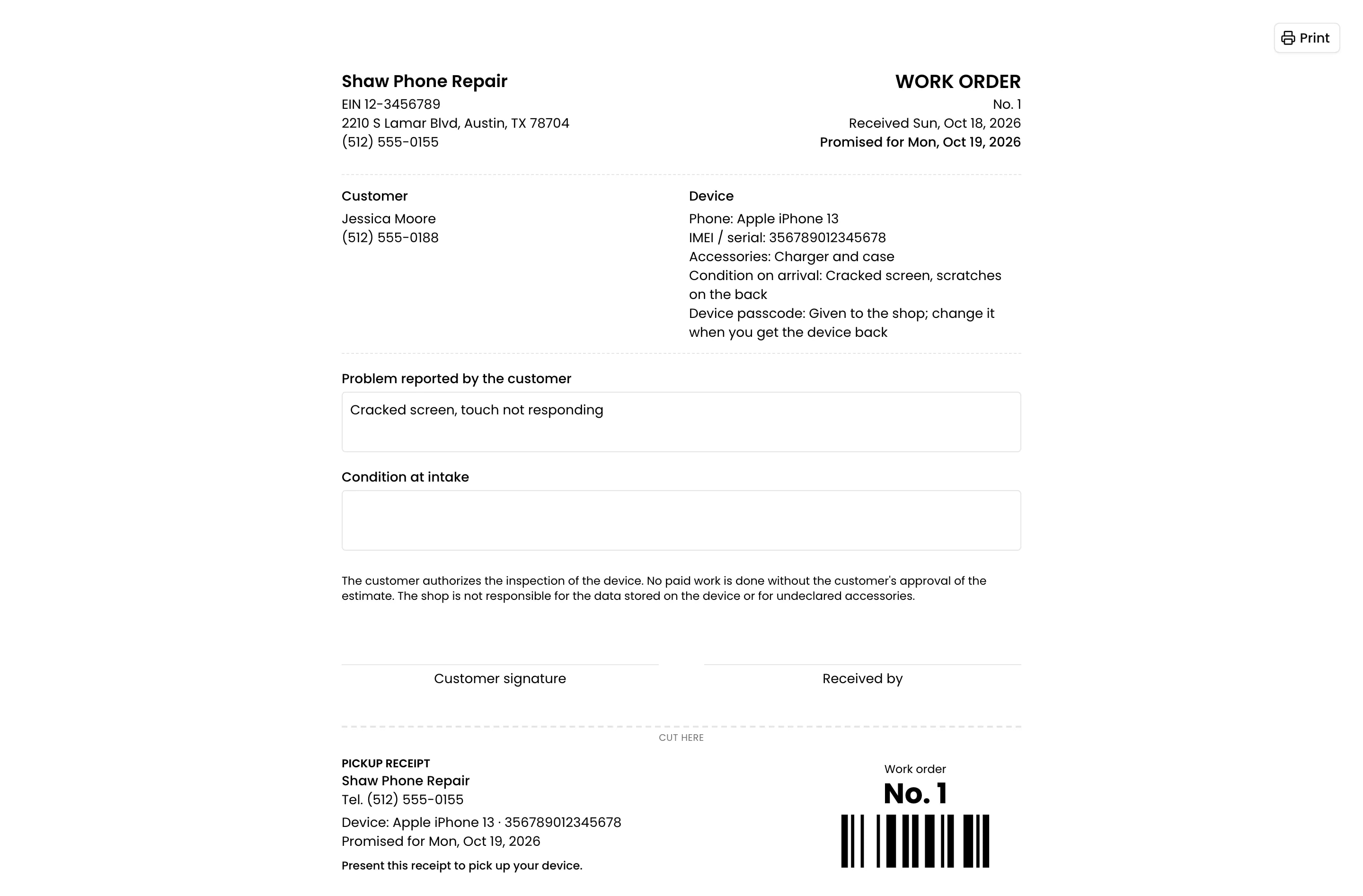 The device's intake sheet with its pickup receipt at the foot