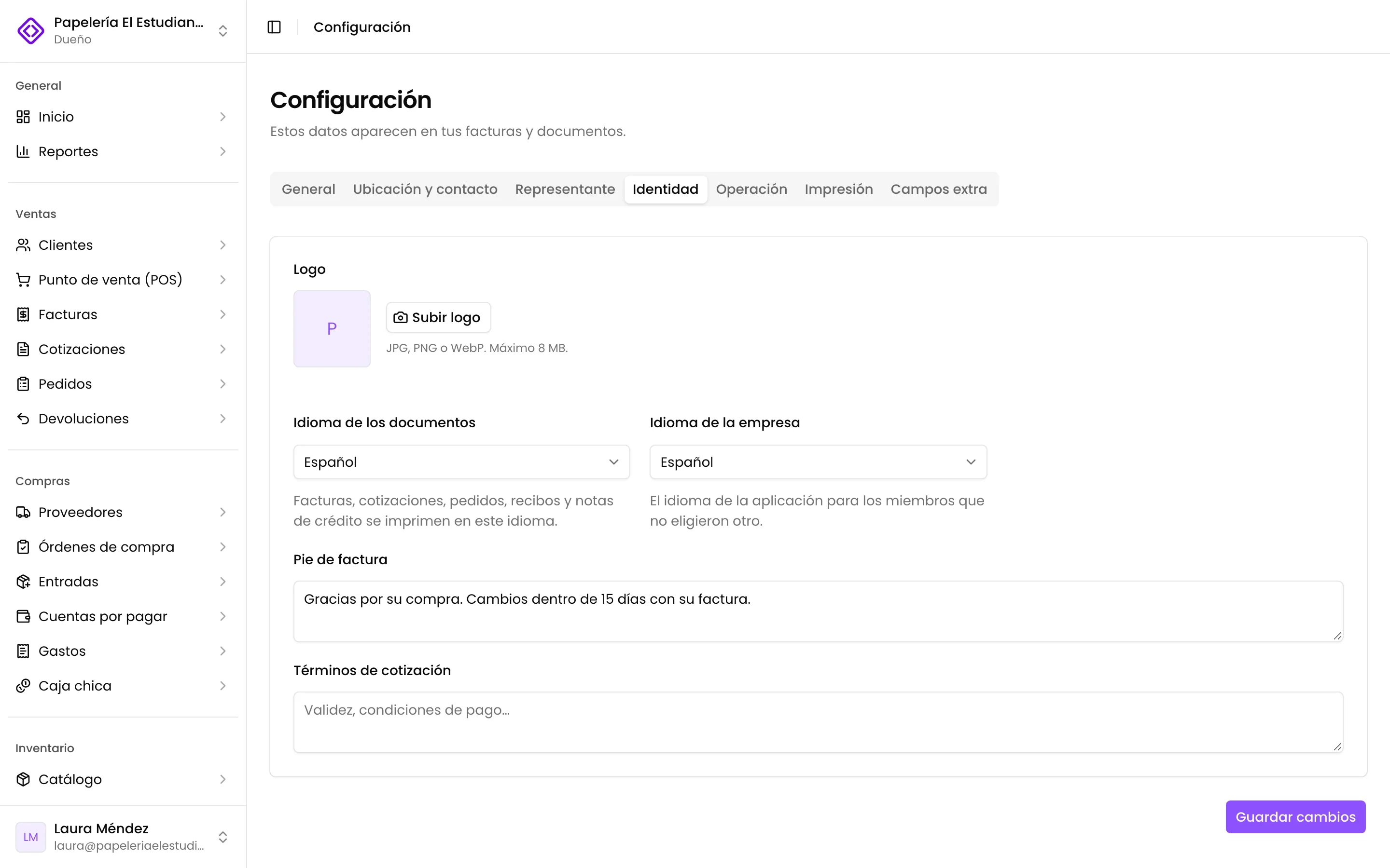Configuración, pestaña Identidad, con el logo, los idiomas y el pie de factura
