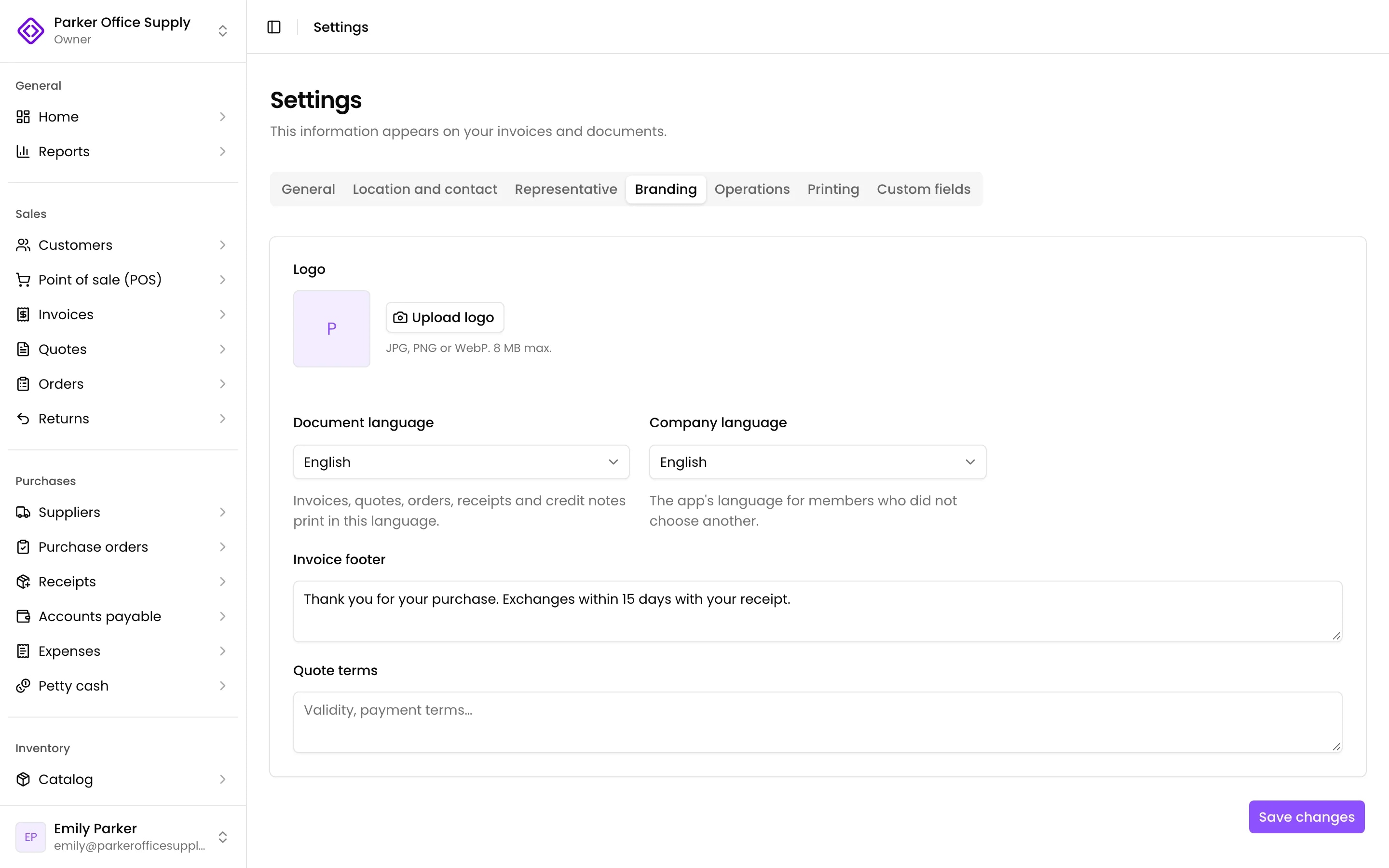 Settings, Branding tab, with the logo, the languages and the invoice footer