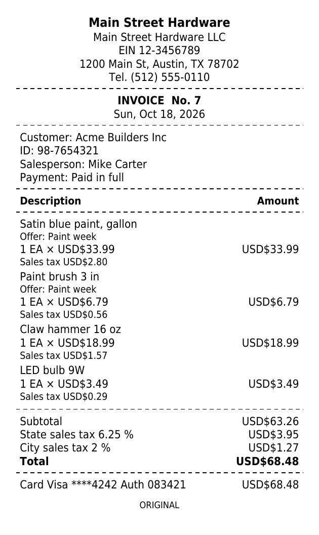 The invoice as the 80 mm thermal printer prints it