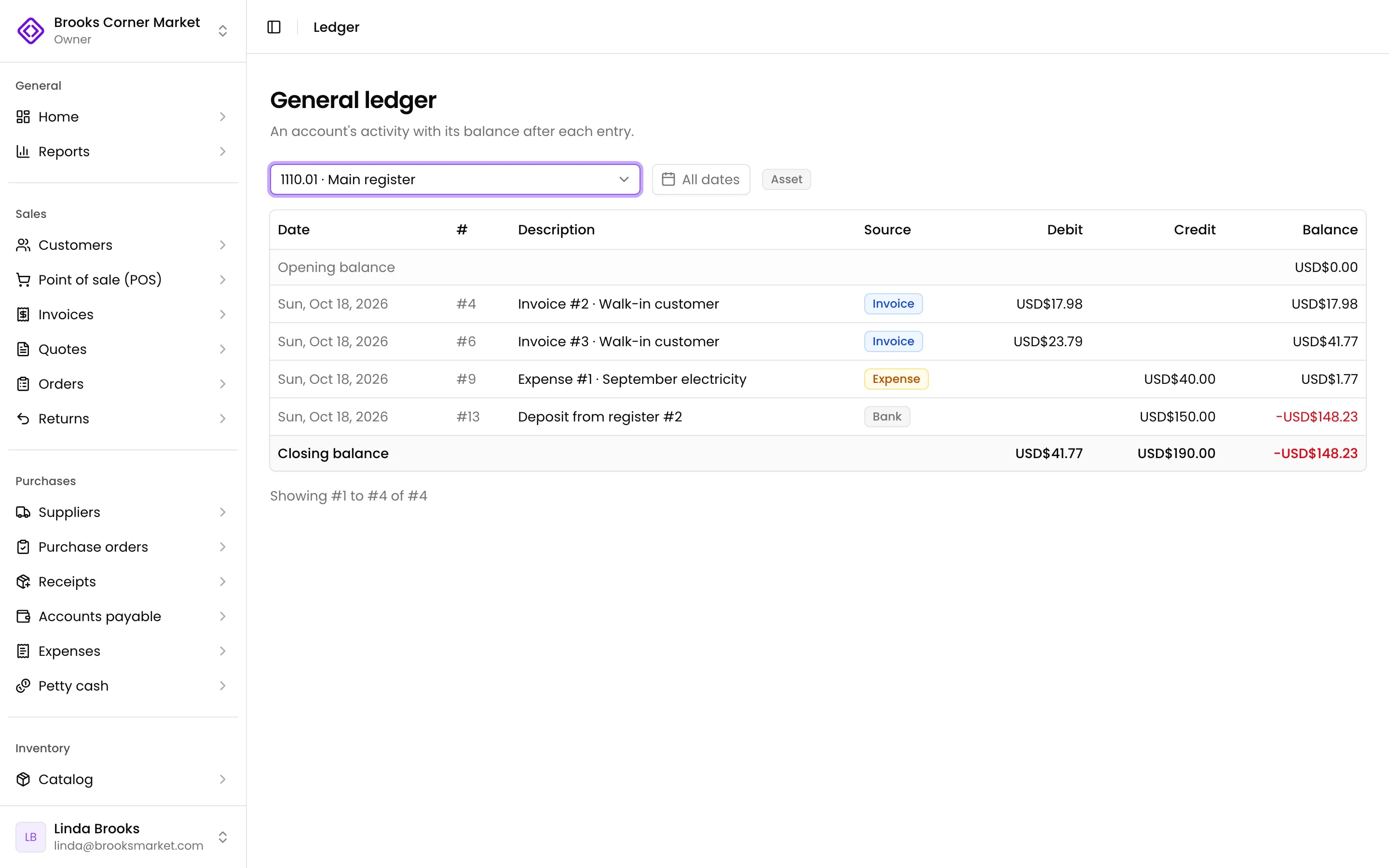 The ledger of one account with its balance after each movement