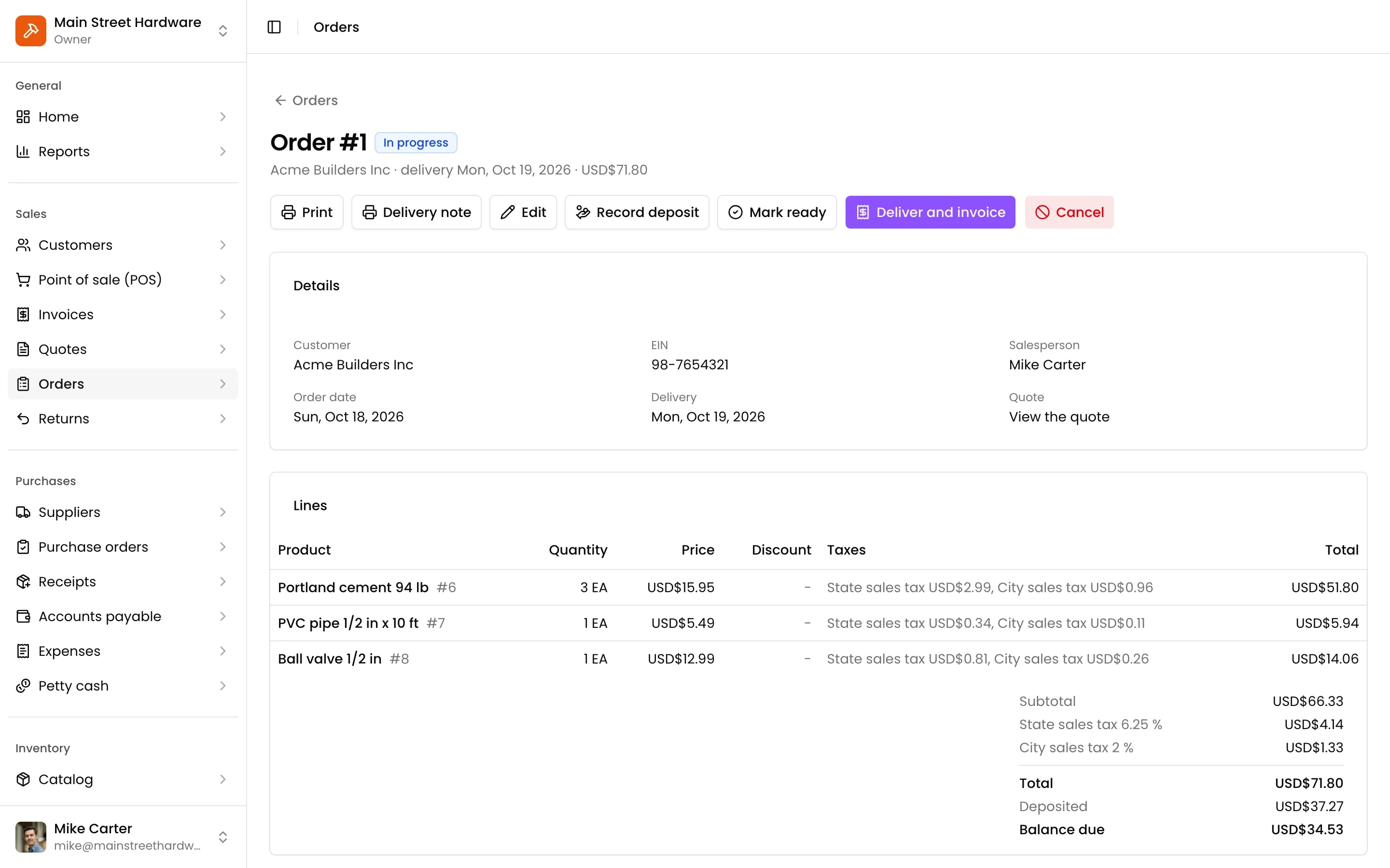An order with two deposits: what is paid and what is left