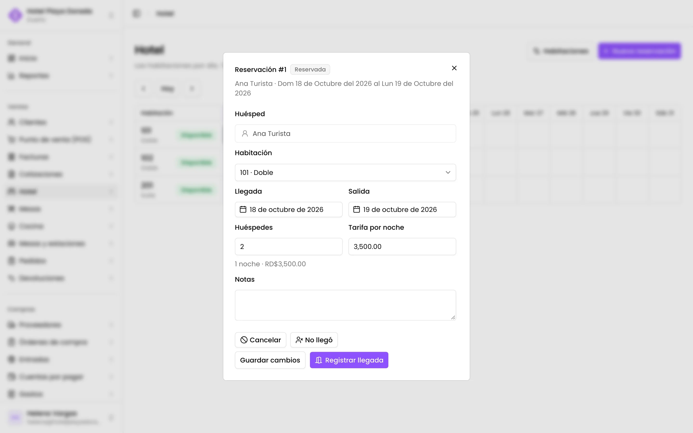 Una reservación: registrar la llegada cuando llega el huésped