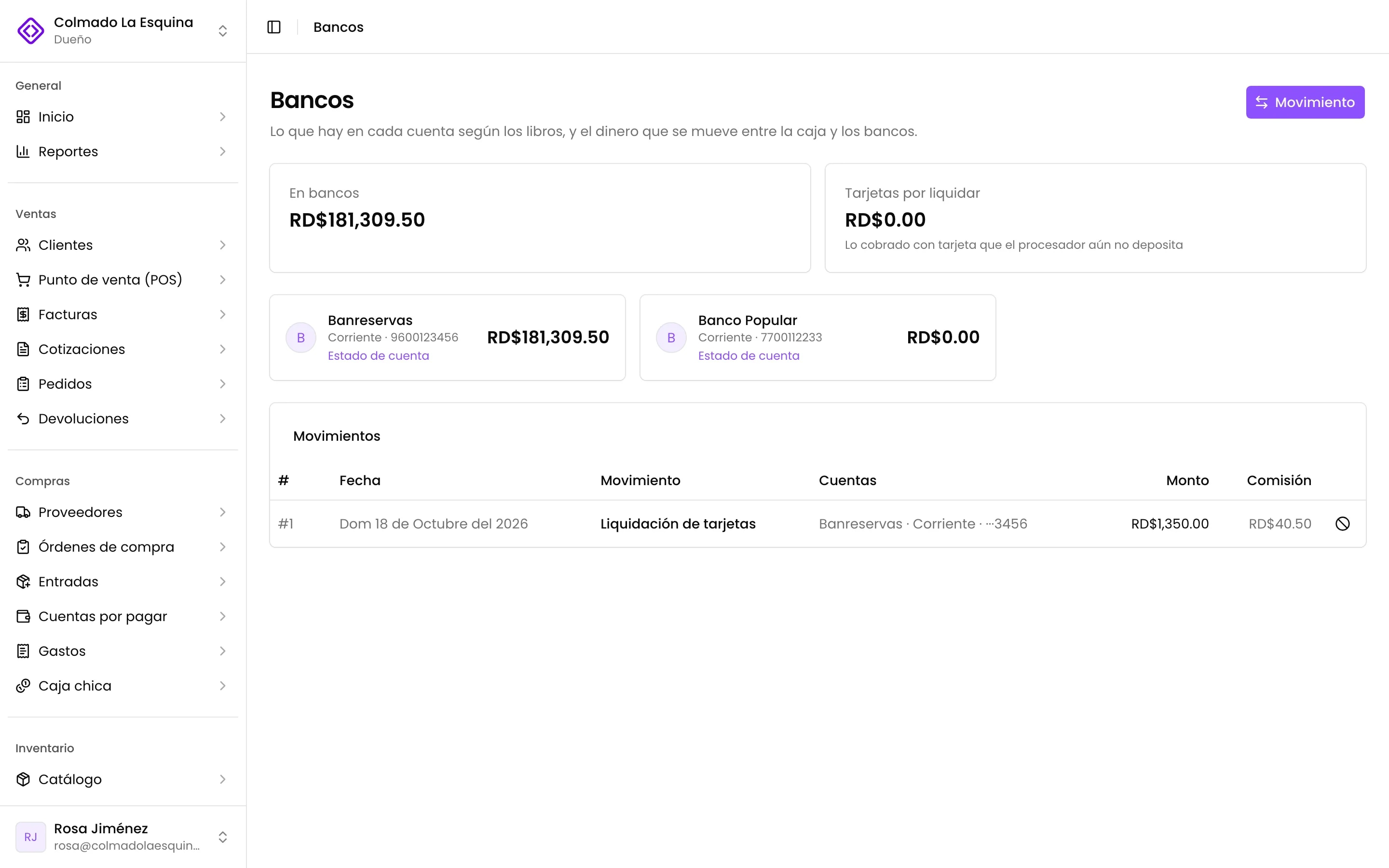 Bancos: cada movimiento, depósito, transferencia y liquidación